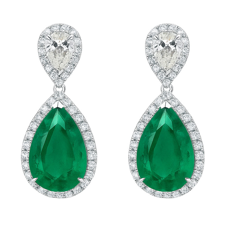 Handmade 18K White Gold Emerald and Pearl Earrings, 7.9ct