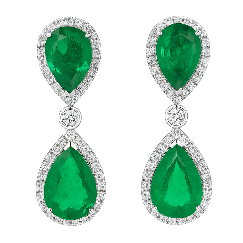 Handmade 18K White Gold Green Emerald Earrings, 10.9ct