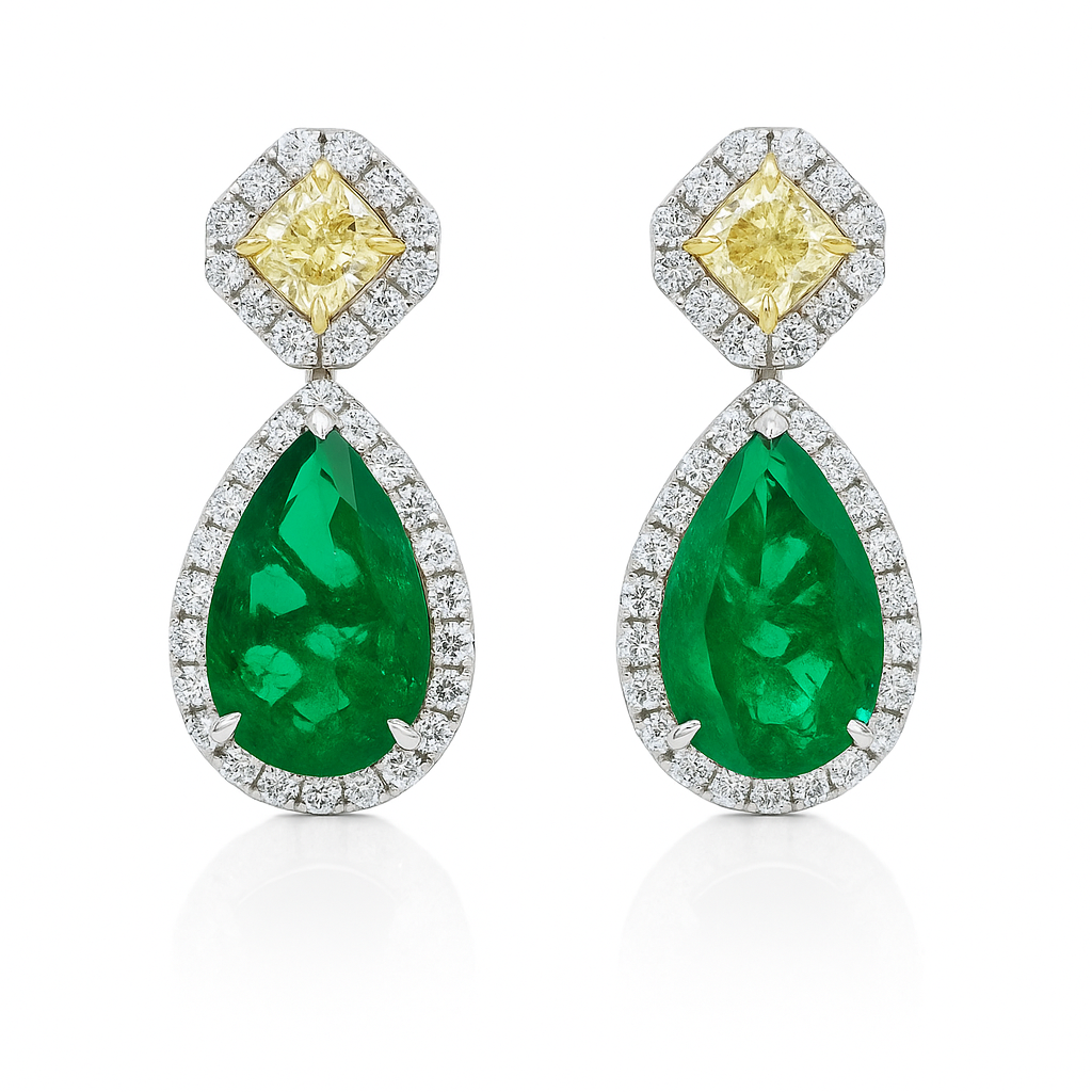 Handmade 18K Yellow Gold Green Emerald Earrings, 4.71ct