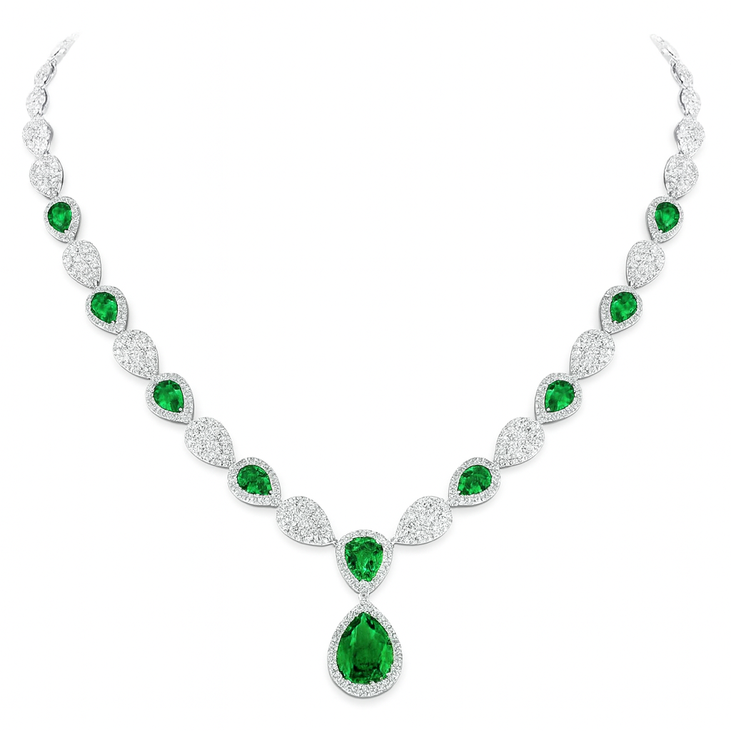 Handmade 18K White Gold Green Emerald Necklace, 4.63ct