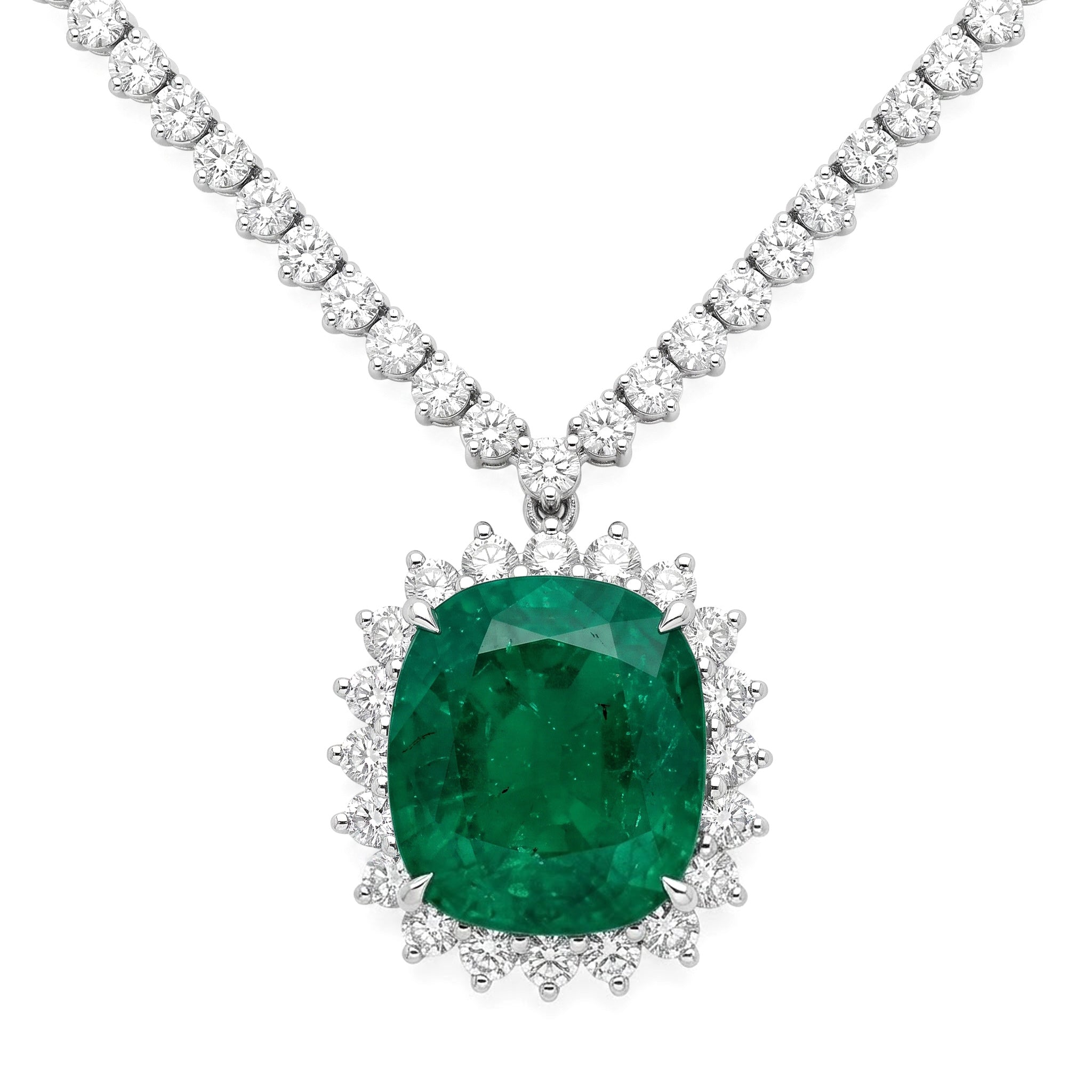 Handmade 18K White Gold Green Emerald Necklace, 7.95ct