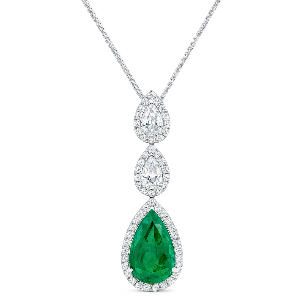 Handmade 18K White Gold Green Emerald Pendant, 7.23ct