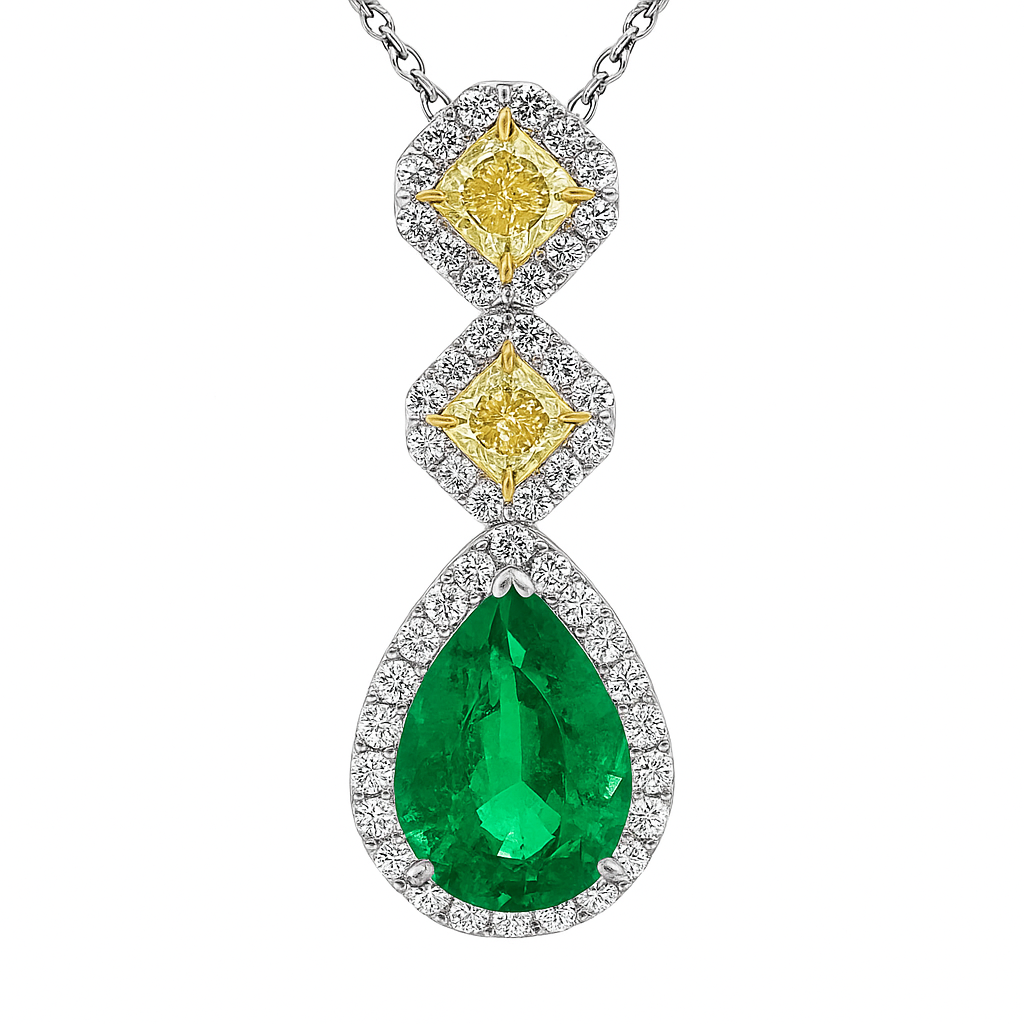 Handmade 18K White Gold Green Emerald Pendant, 3.46ct