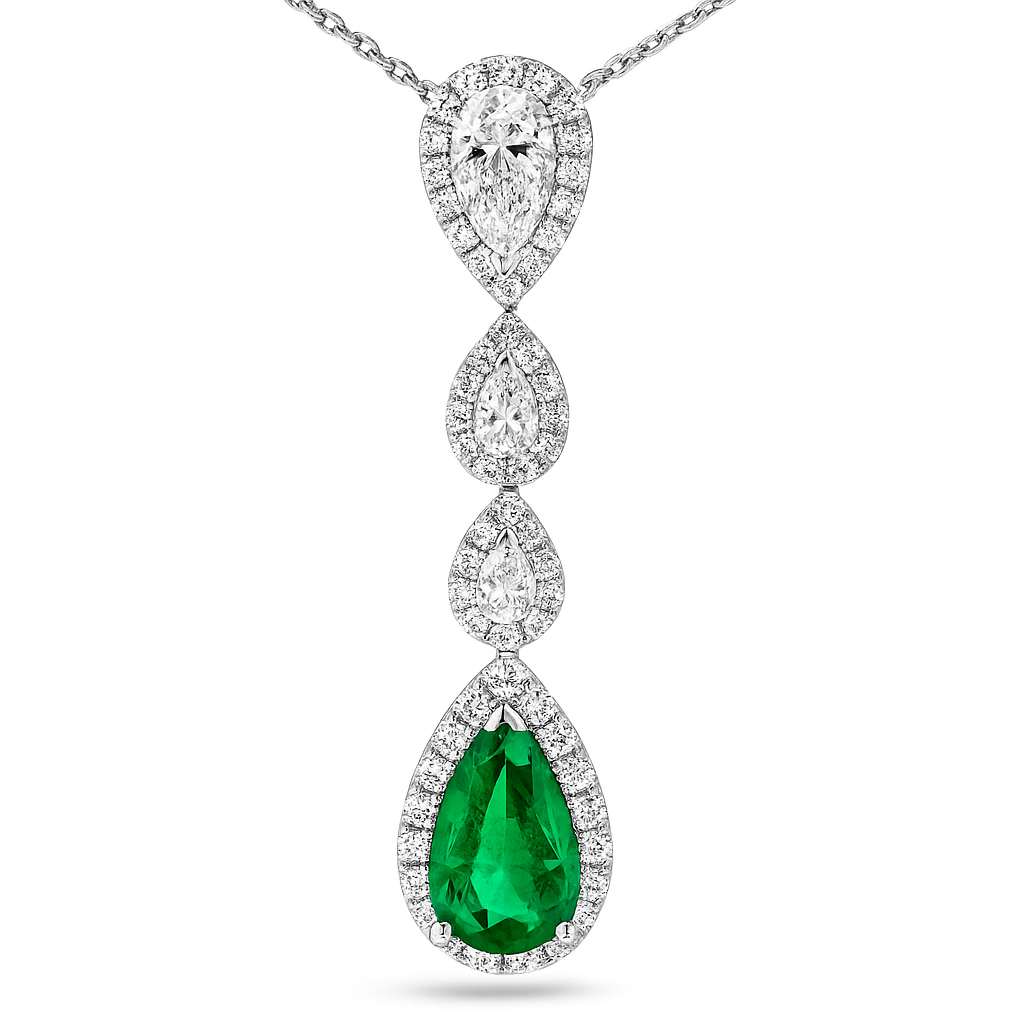 Handmade 18K White Gold Green Emerald Pendant, 3.48ct