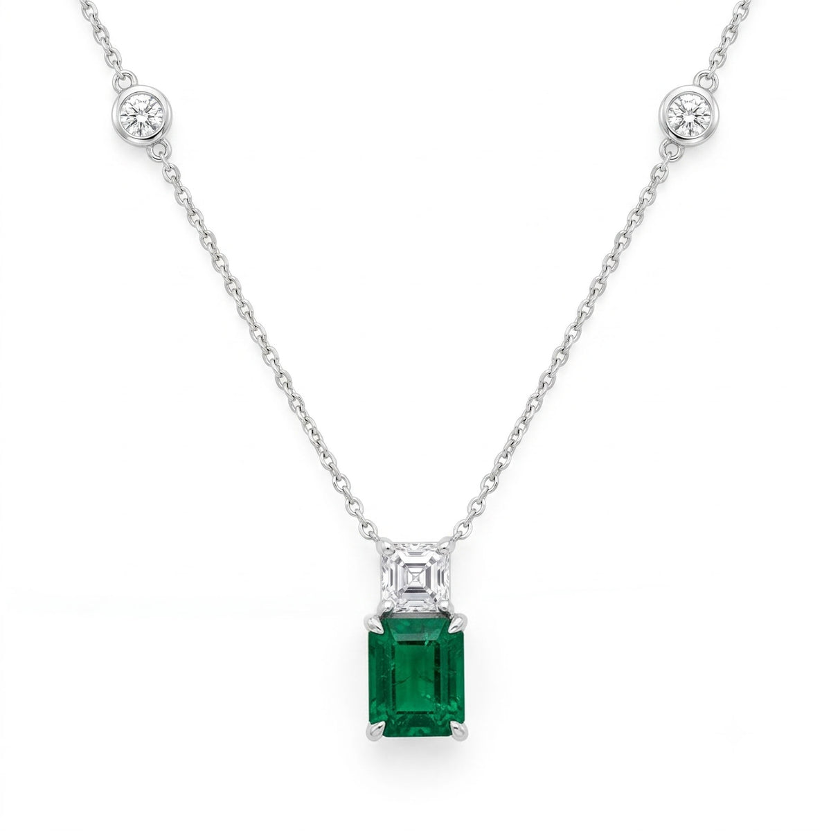 EP057092 - Necklace/14KW 1EMER-1.26CT 1DIA-0.57CT DBY-CHAIN