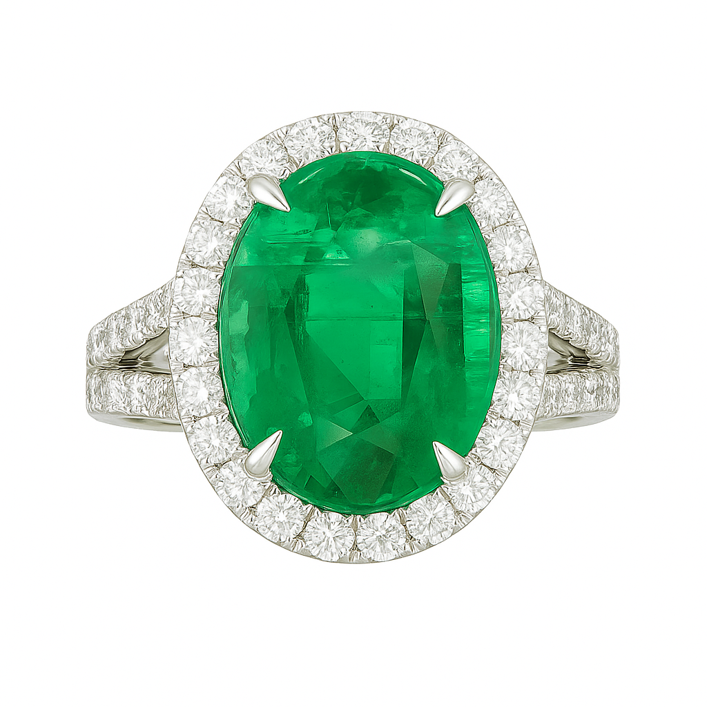 Handmade 18K White Gold Emerald Split Shank Ring, 6.75ct