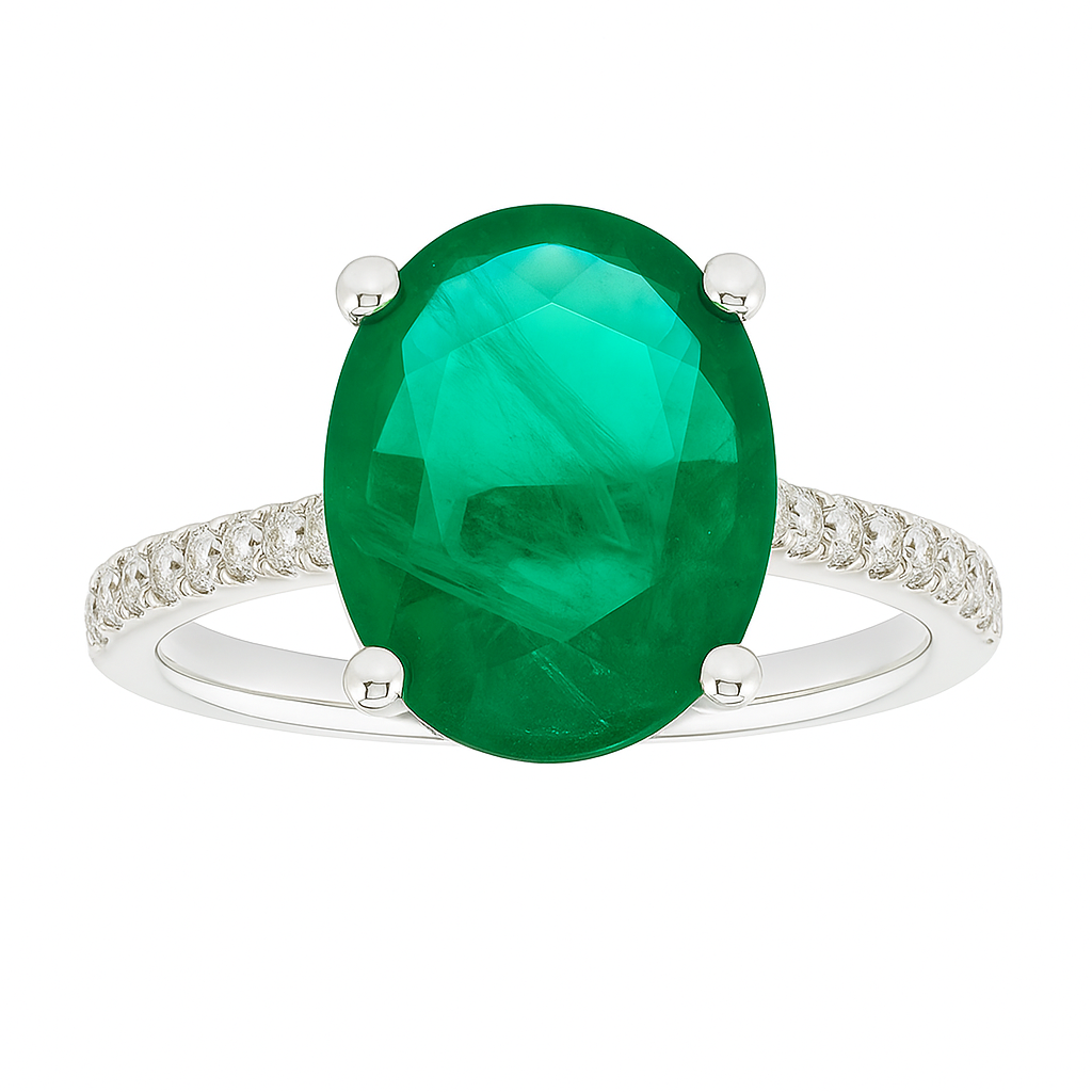 Handmade 18K White Gold Green Emerald Ring, 3.34ct