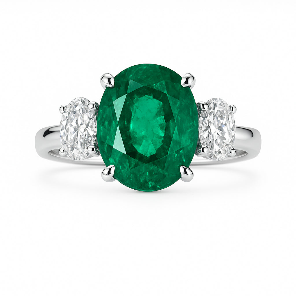Handmade 18K White Gold Oval Emerald Ring, 3.77ct