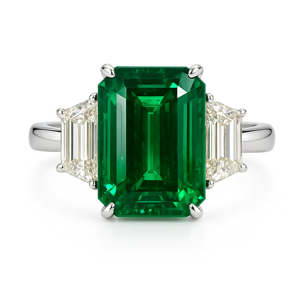 ER054998 - Ring 18KW/6.0G 1EMER-3.82CT 2TRAP-0.80CT