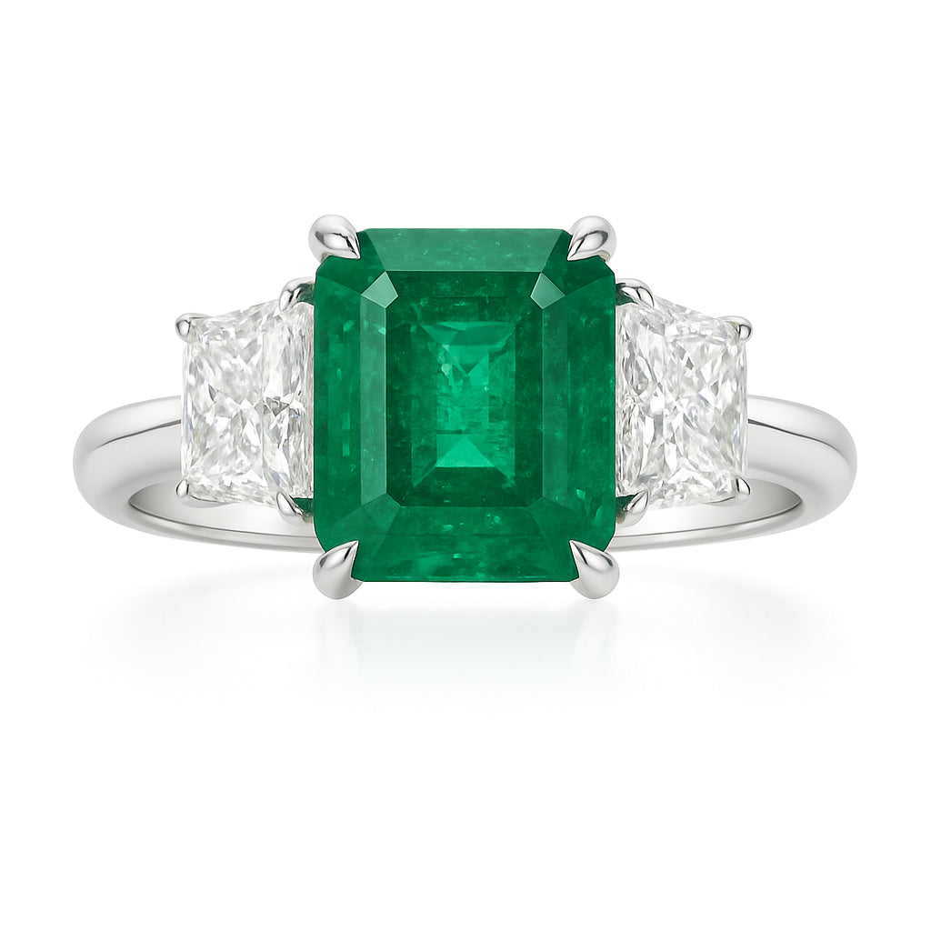 Handmade 18K White Gold Green Emerald Ring, 4.35ct