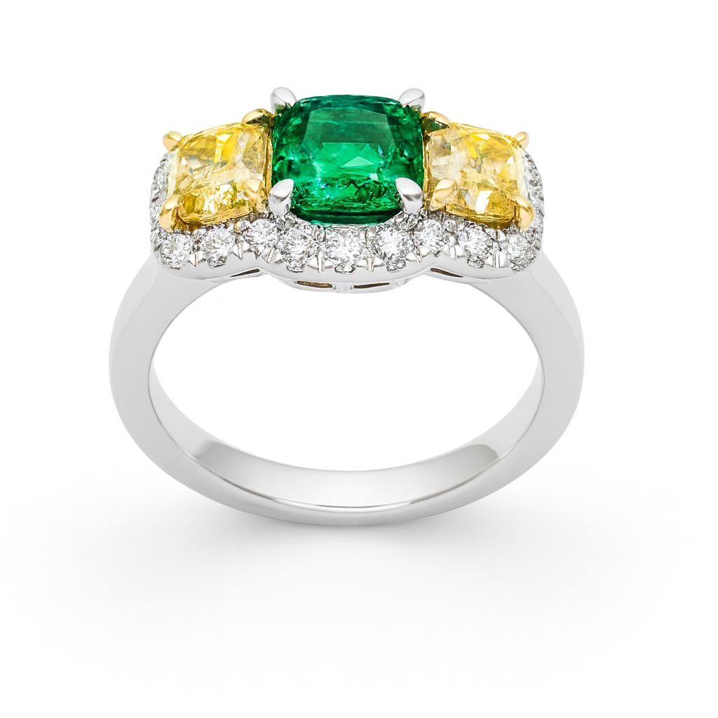 Handmade 18K Yellow Gold Green Emerald Ring, 0.79ct