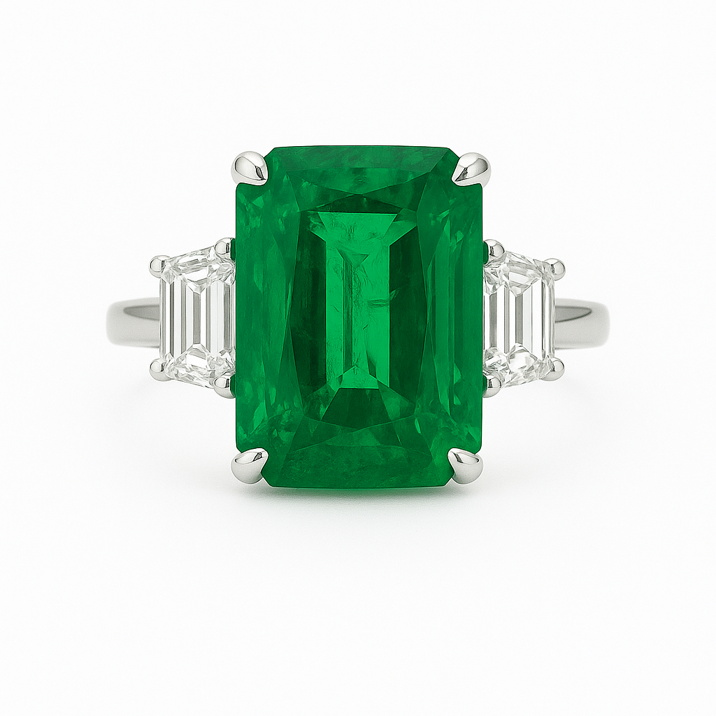 ER056656 - Ring 18KW 1EMER-4.81CT 2TRAP-0.78CT