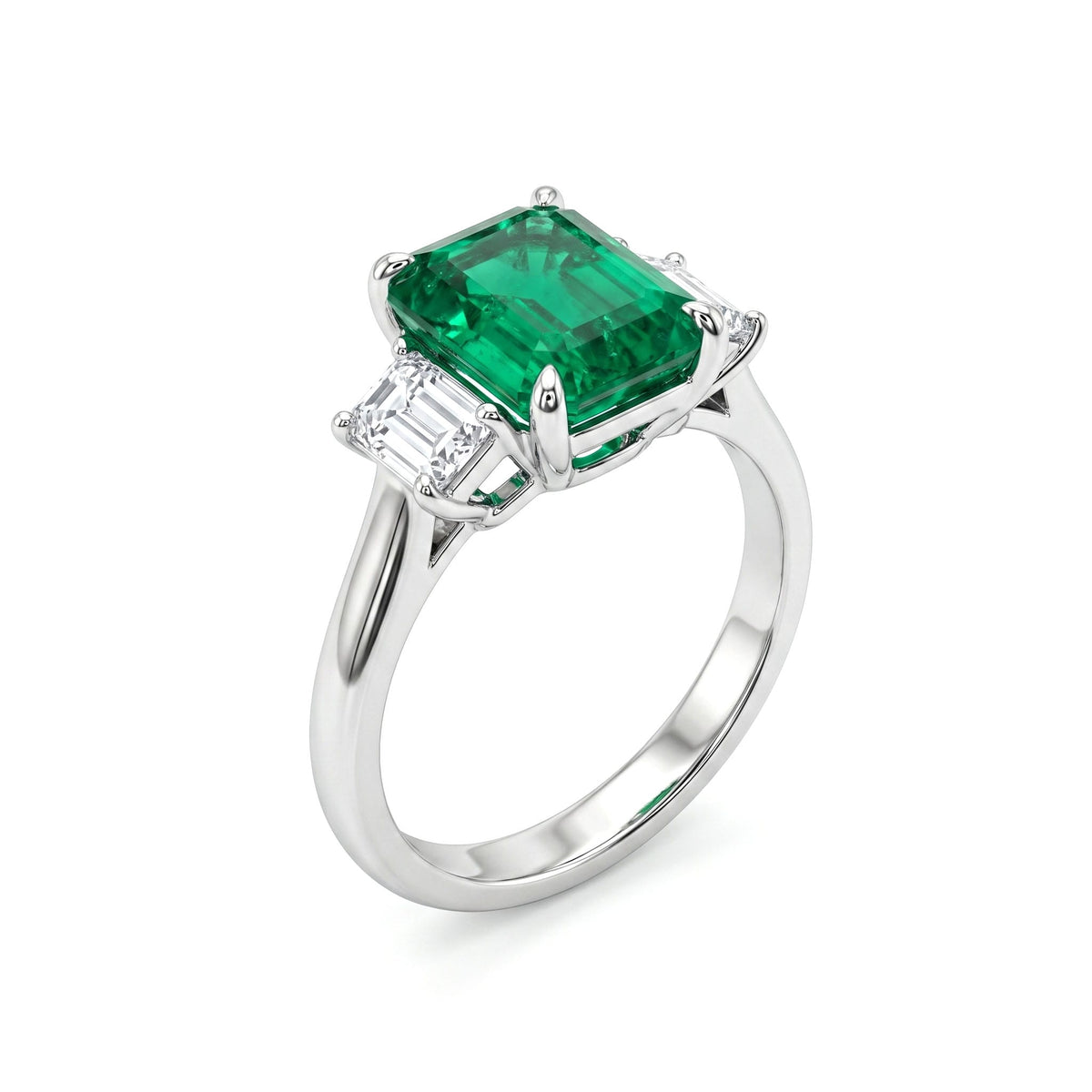 Handmade Platinum Green Emerald 3 Stone Ring, 3.45ct