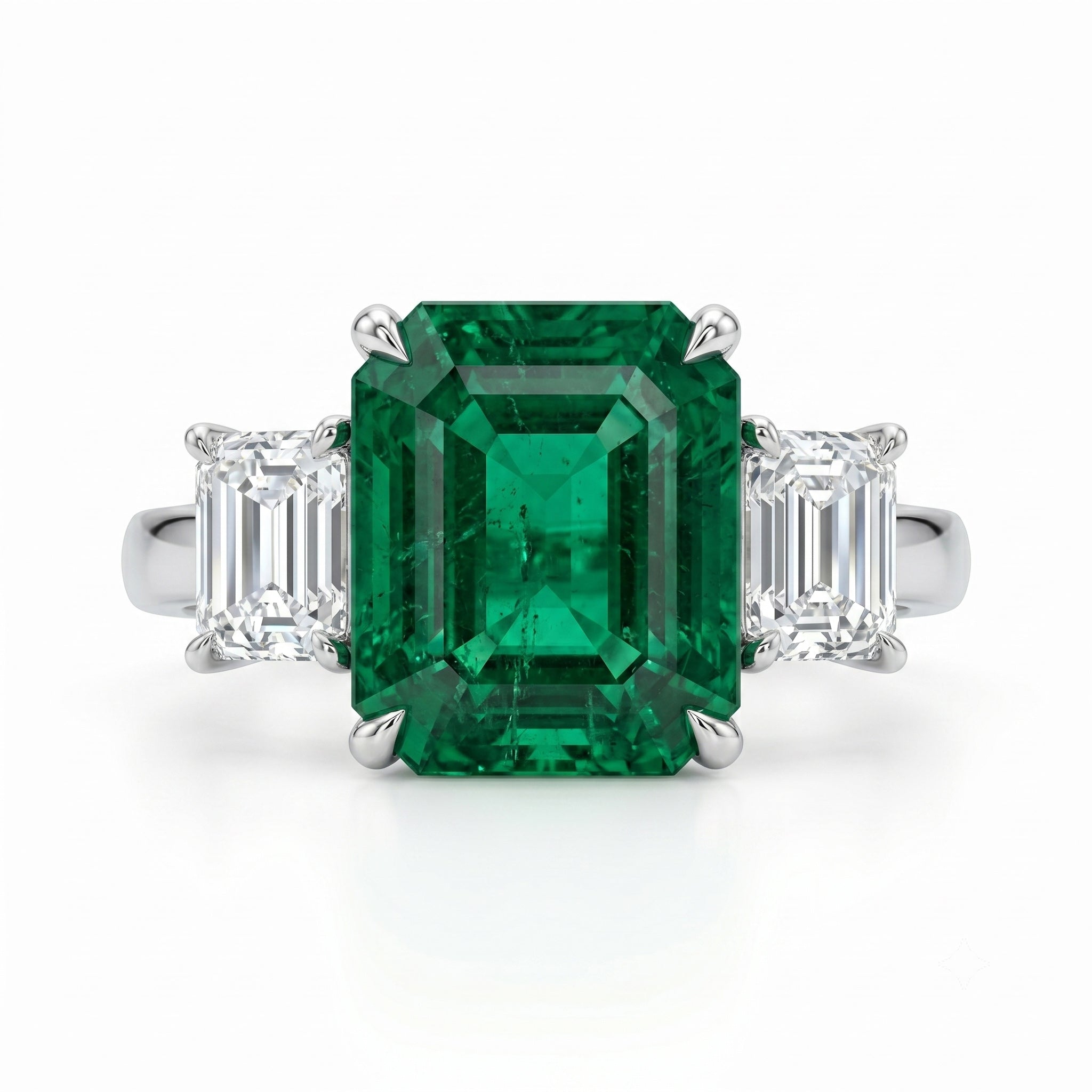 Handmade Platinum Emerald 3 Stone Ring, 7.25ct