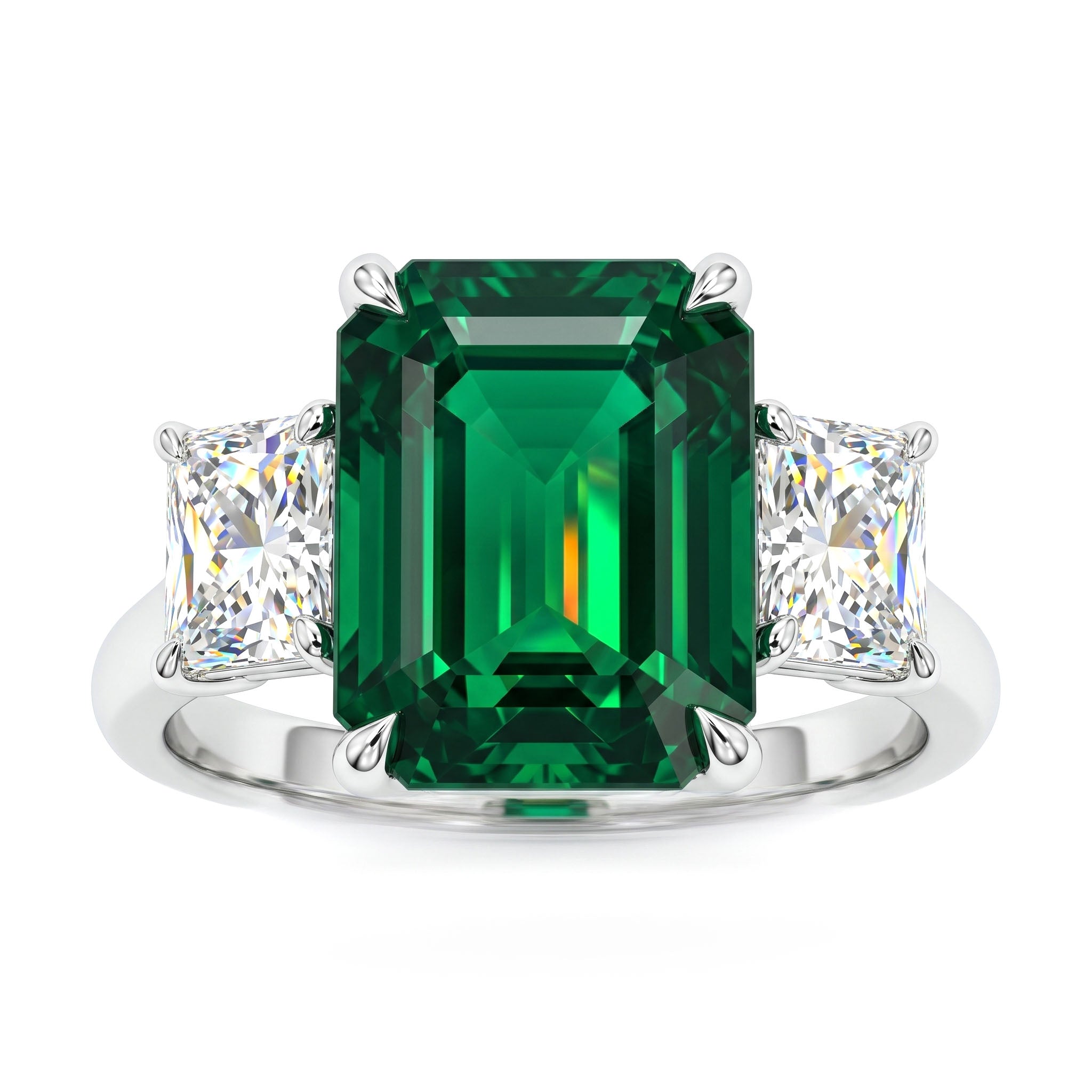 Handmade Platinum Green Emerald 3 Stone Ring, 4.54ct