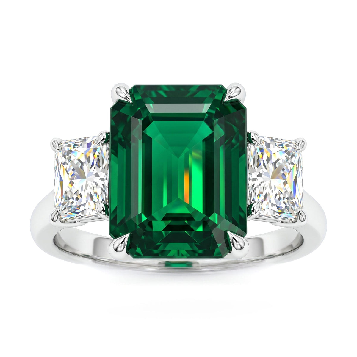 Handmade Platinum Green Emerald 3 Stone Ring, 4.54ct