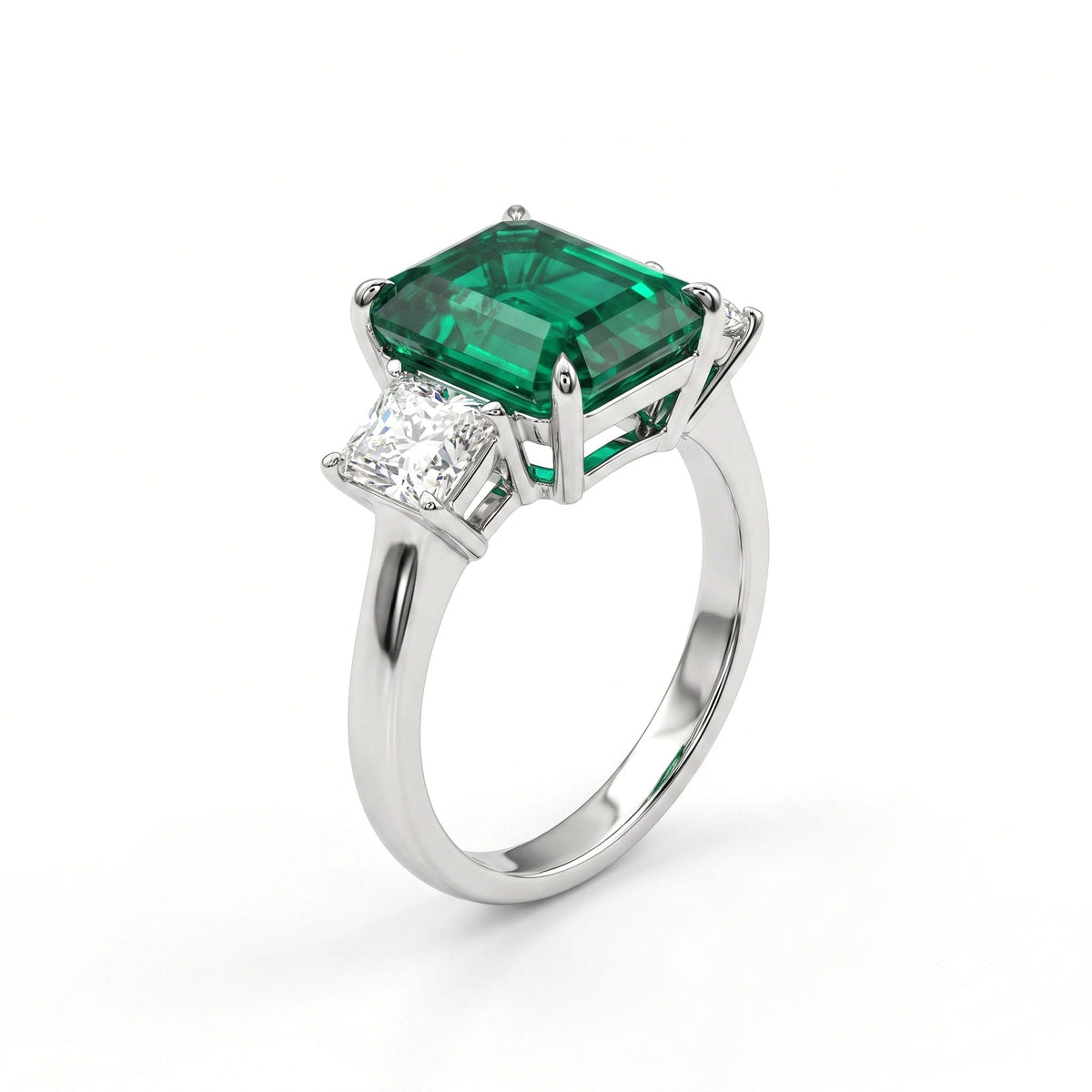 Handmade Platinum Green Emerald 3 Stone Ring, 4.54ct
