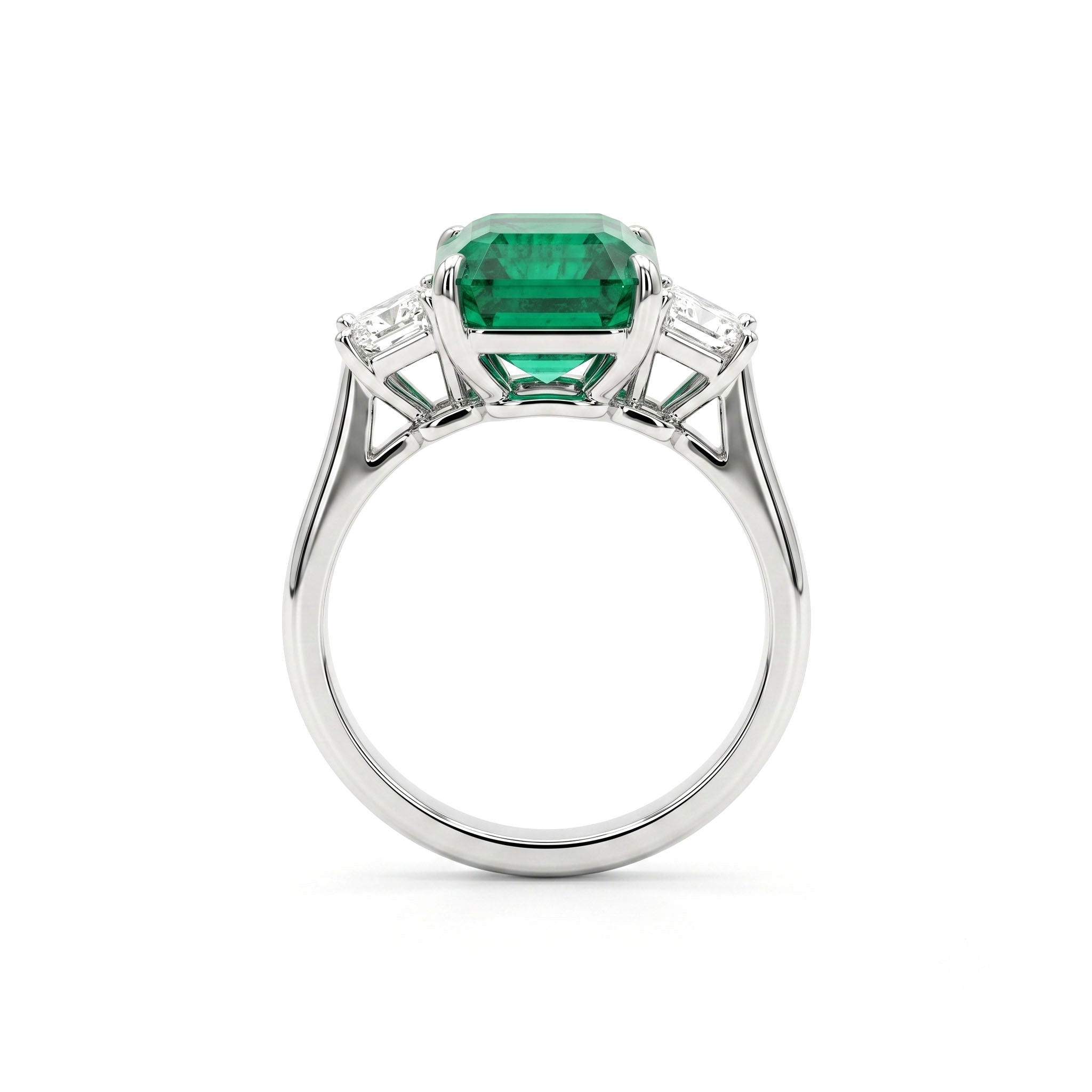 Handmade Platinum Green Emerald 3 Stone Ring, 4.54ct