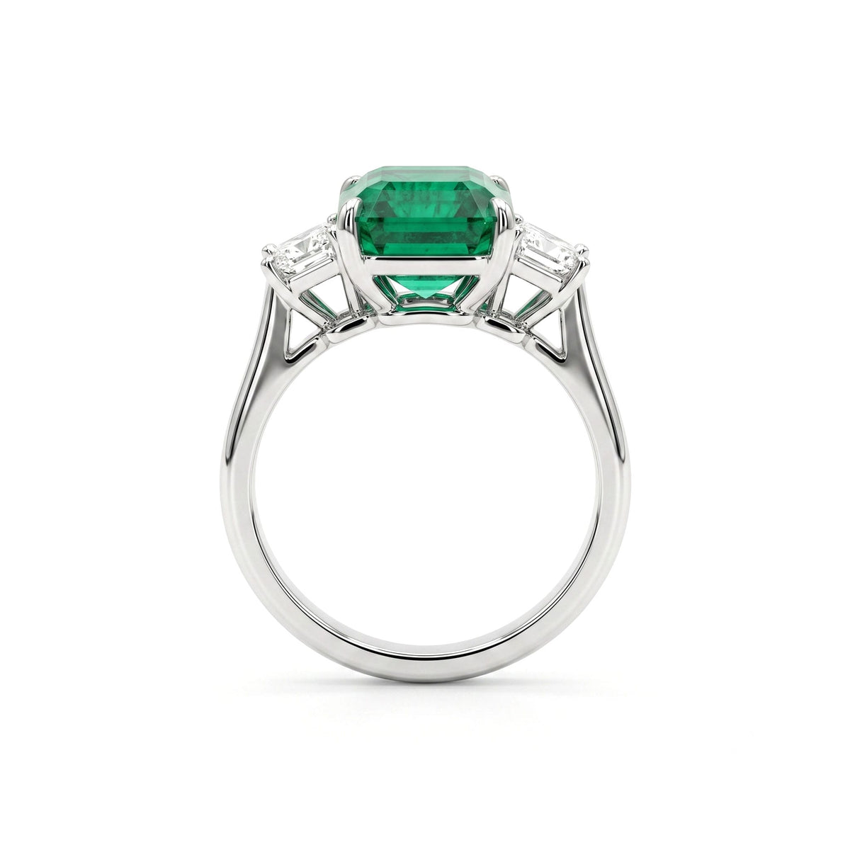 Handmade Platinum Green Emerald 3 Stone Ring, 4.54ct