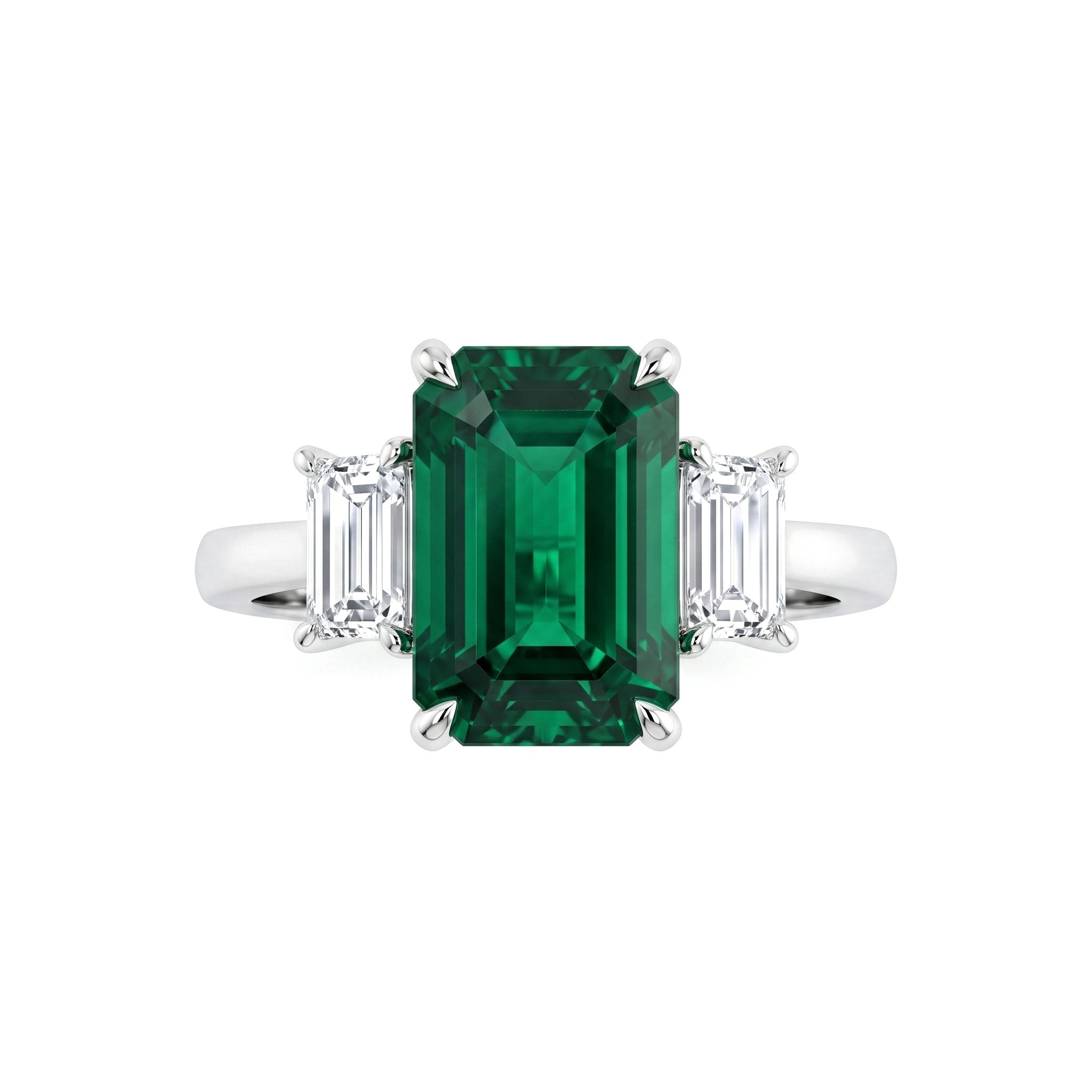 Handmade Platinum Green Emerald 3 Stone Ring, 3.90ct