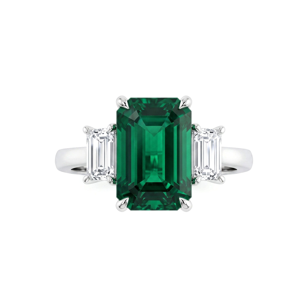 Handmade Platinum Green Emerald 3 Stone Ring, 3.90ct