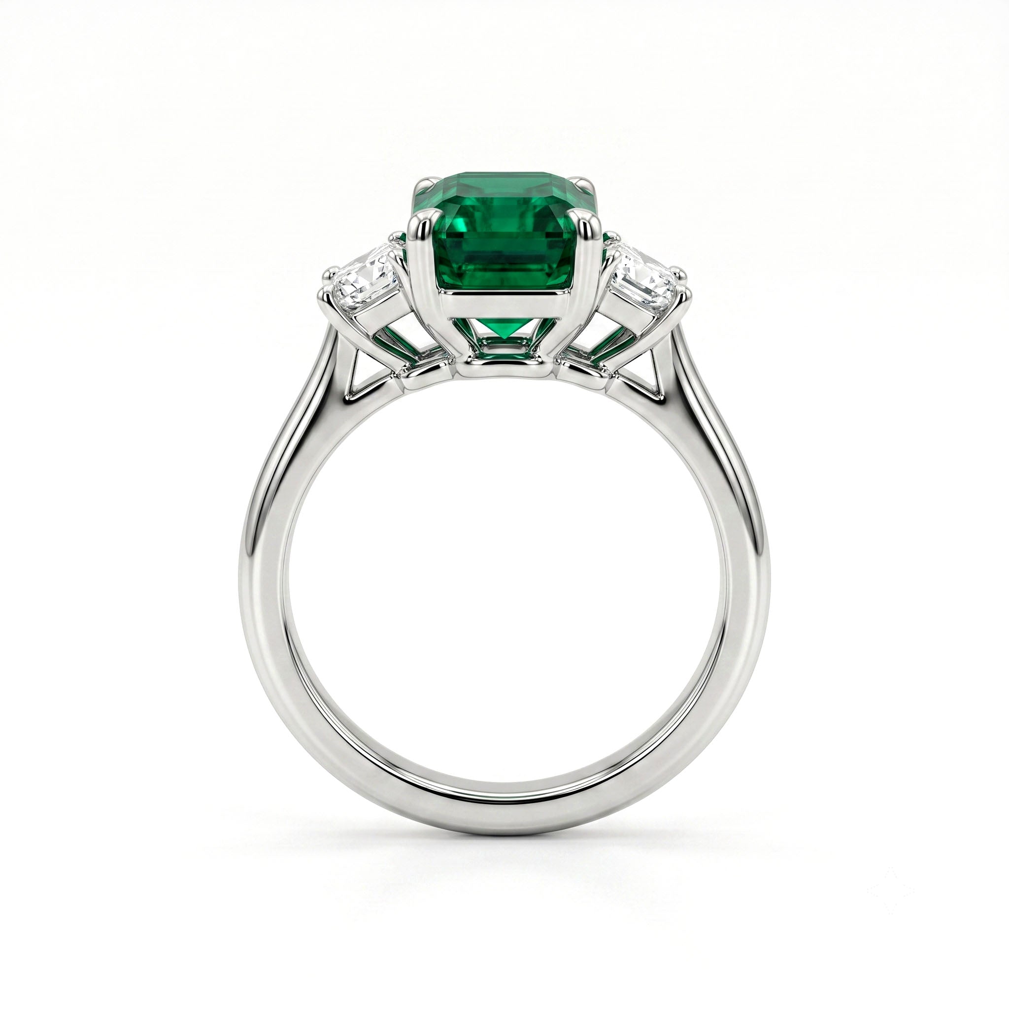 Handmade Platinum Green Emerald 3 Stone Ring, 3.90ct