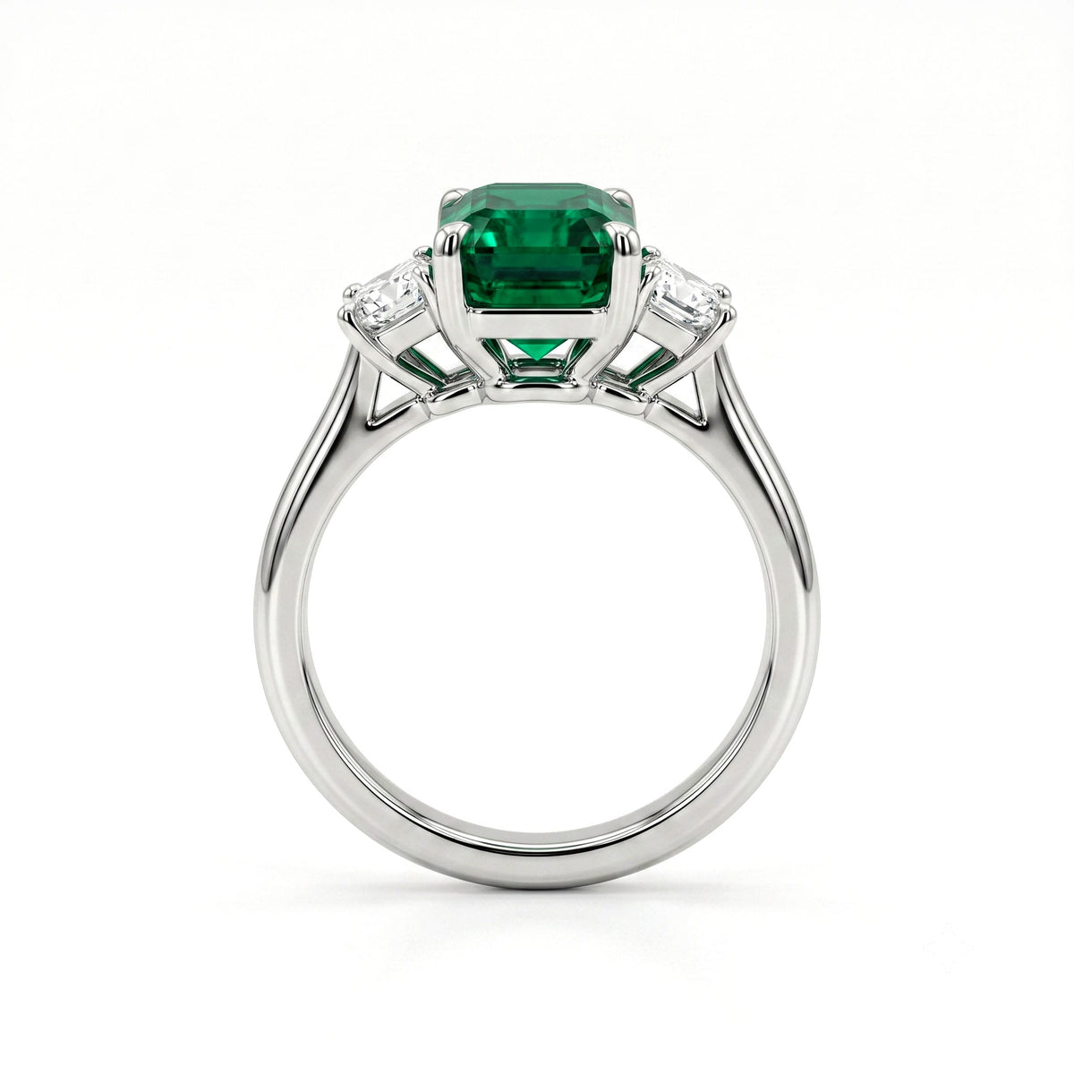 Handmade Platinum Green Emerald 3 Stone Ring, 3.90ct