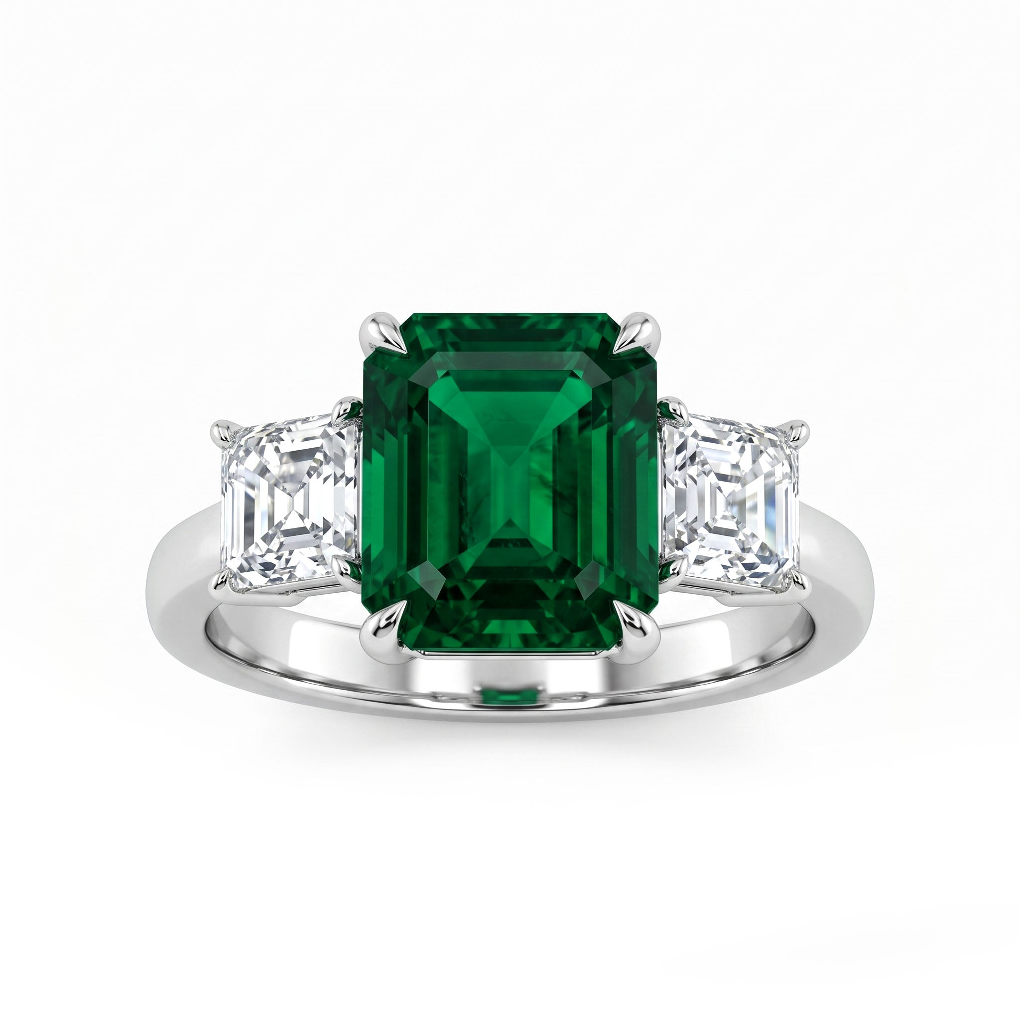 Handmade Platinum Emerald Diamond 3 Stone Ring, 3.57ct