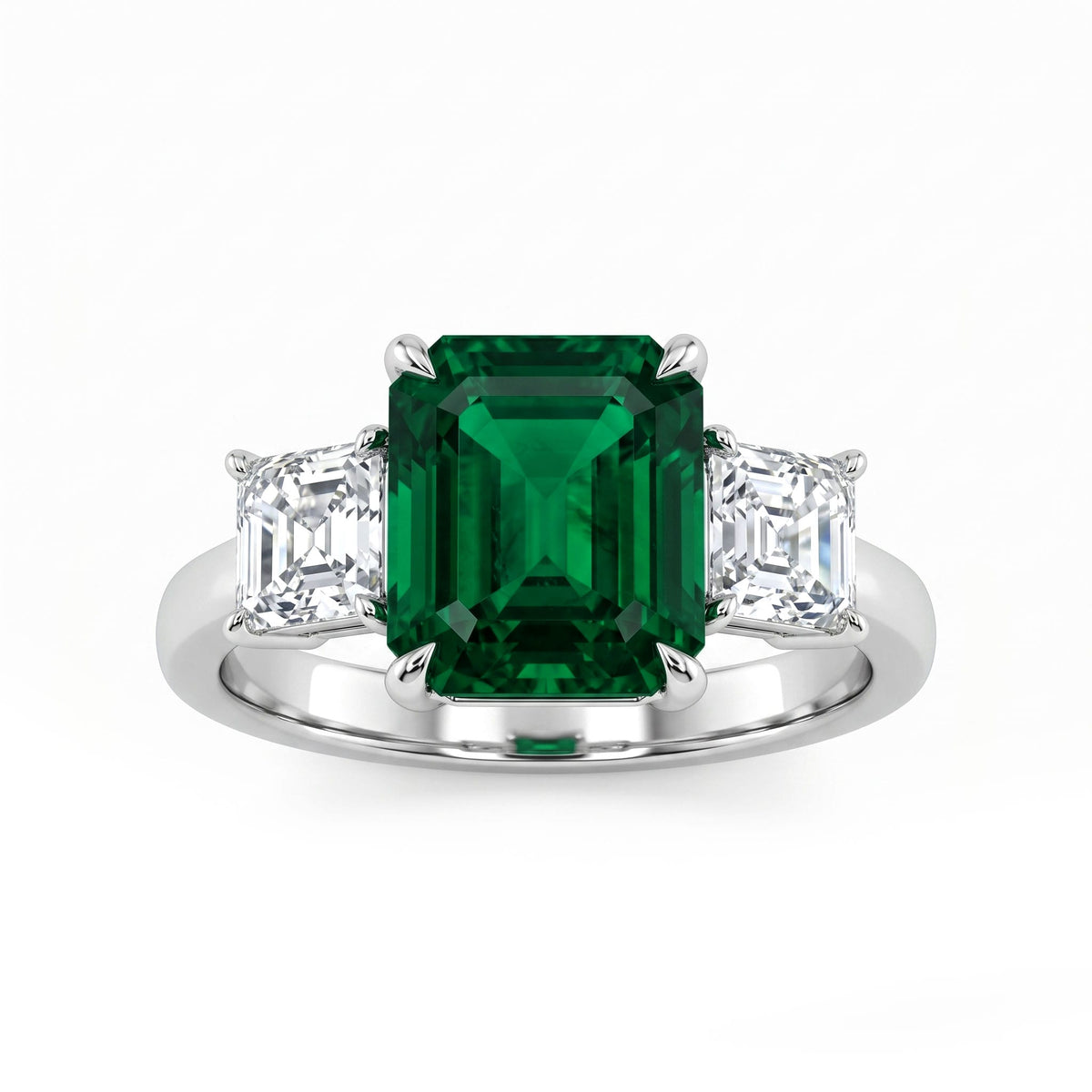 Handmade Platinum Emerald Diamond 3 Stone Ring, 3.57ct