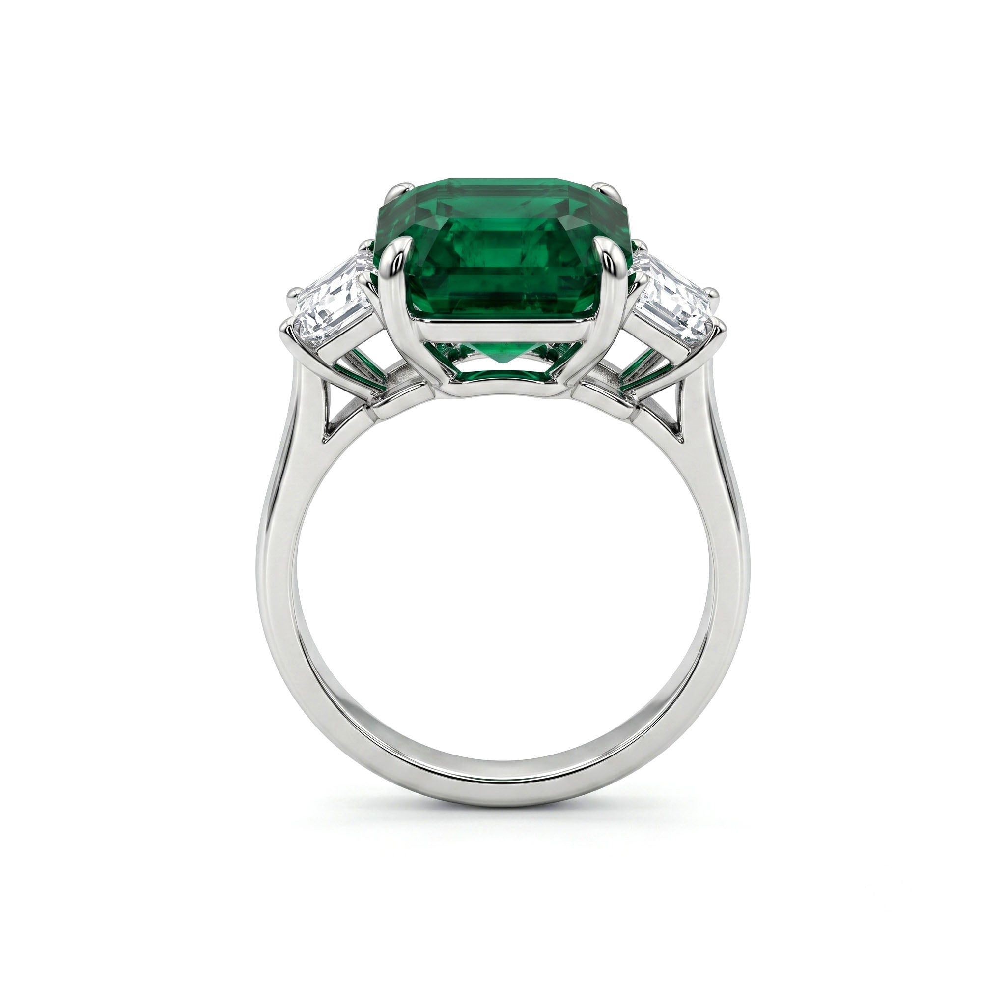 Handmade Platinum Emerald Diamond 3 Stone Ring, 3.57ct