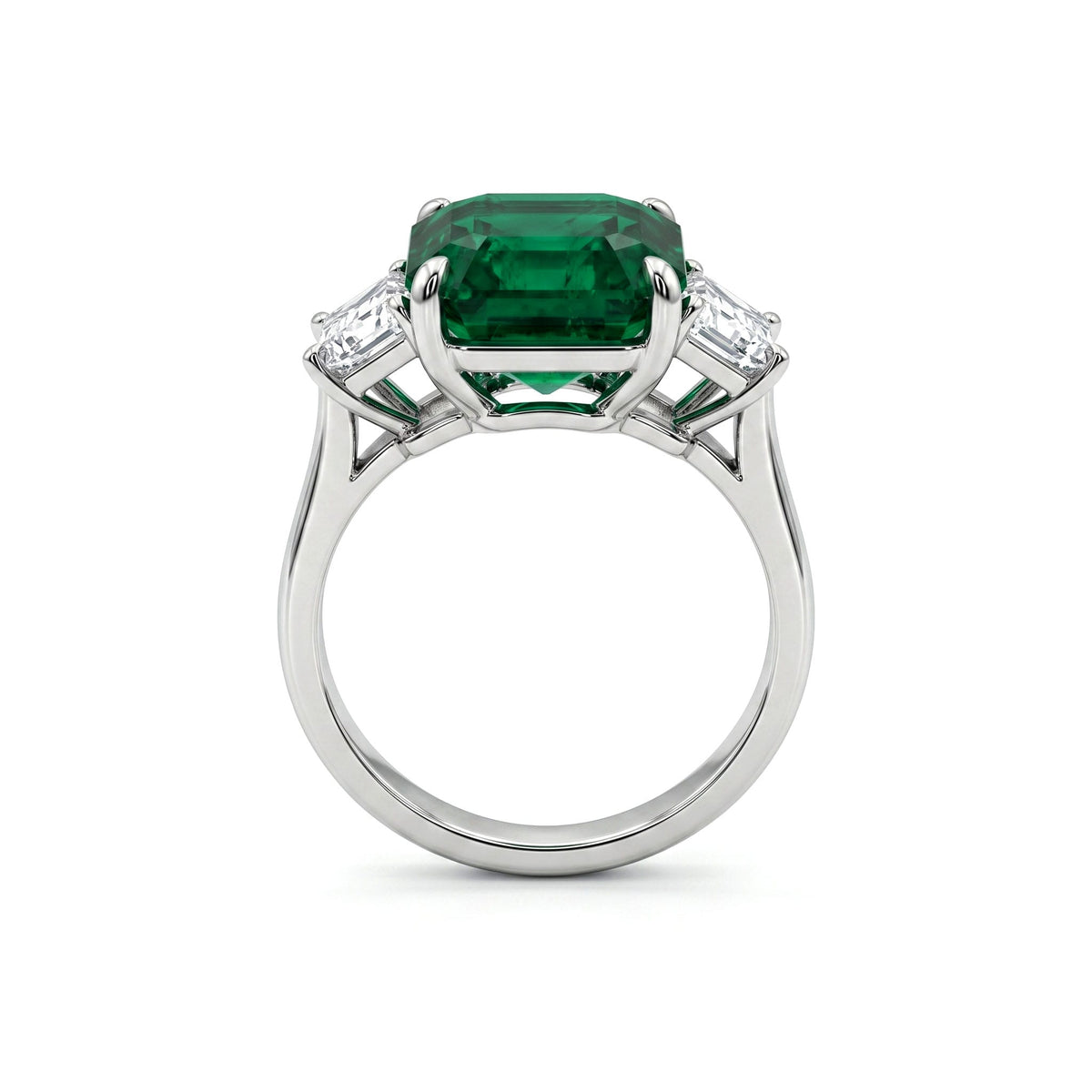 Handmade Platinum Emerald Diamond 3 Stone Ring, 3.57ct