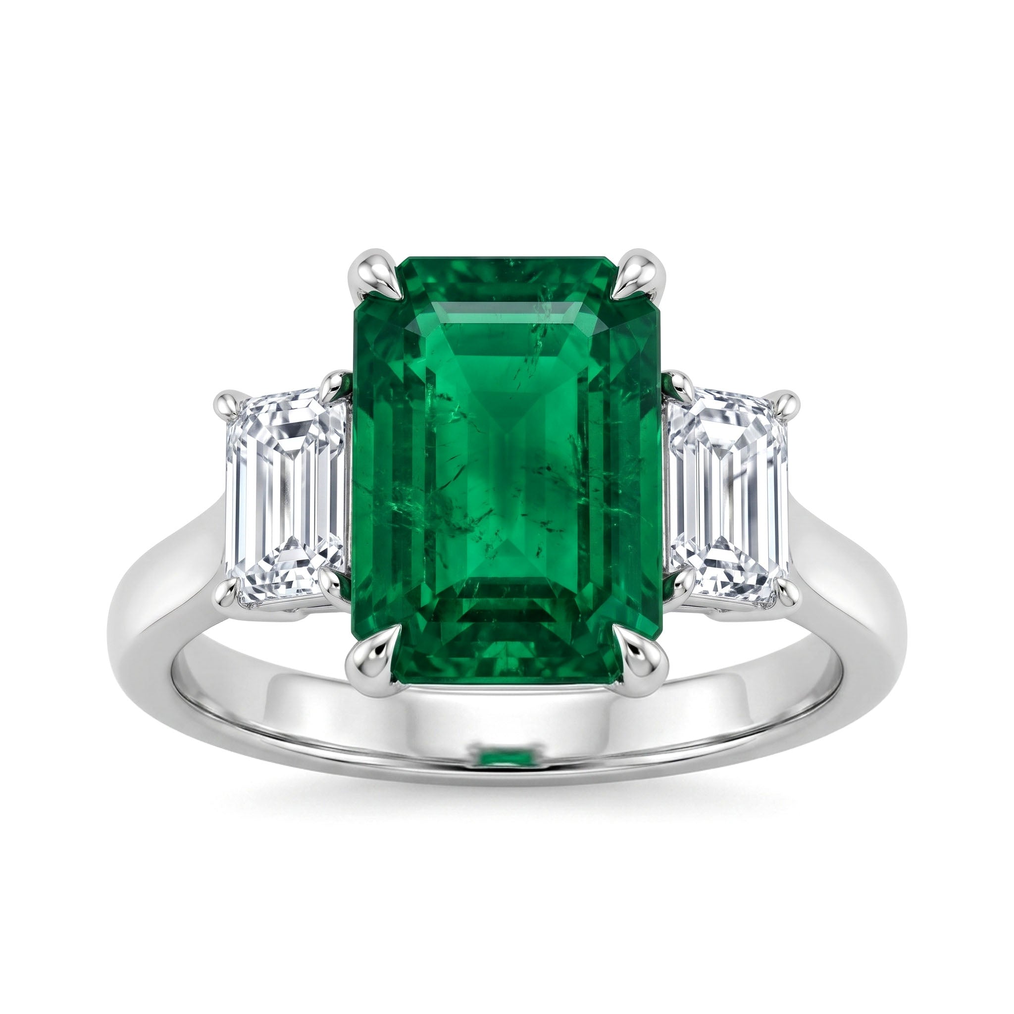 Handmade Platinum Green Emerald Ring 3 Stone, 2.72ct