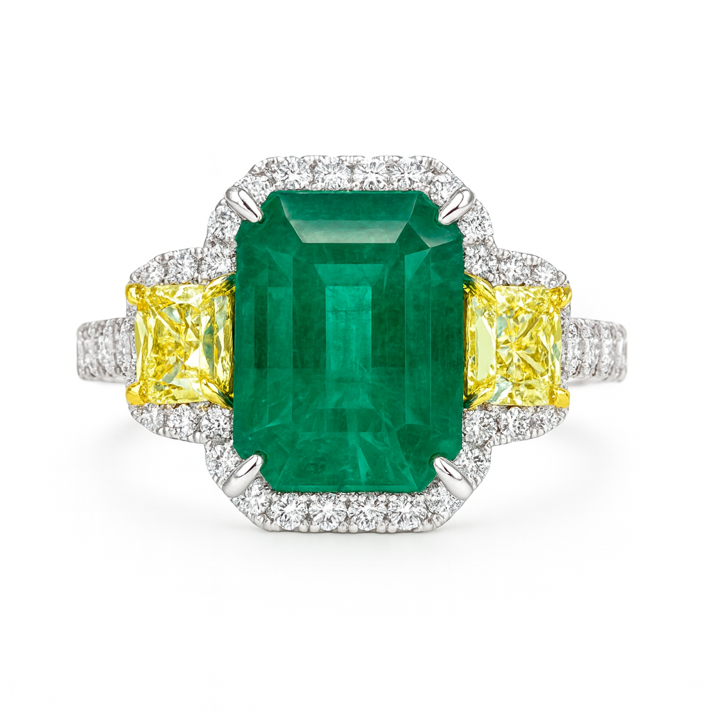Handmade 18K White Gold Emerald Diamond Ring, 4.35ct