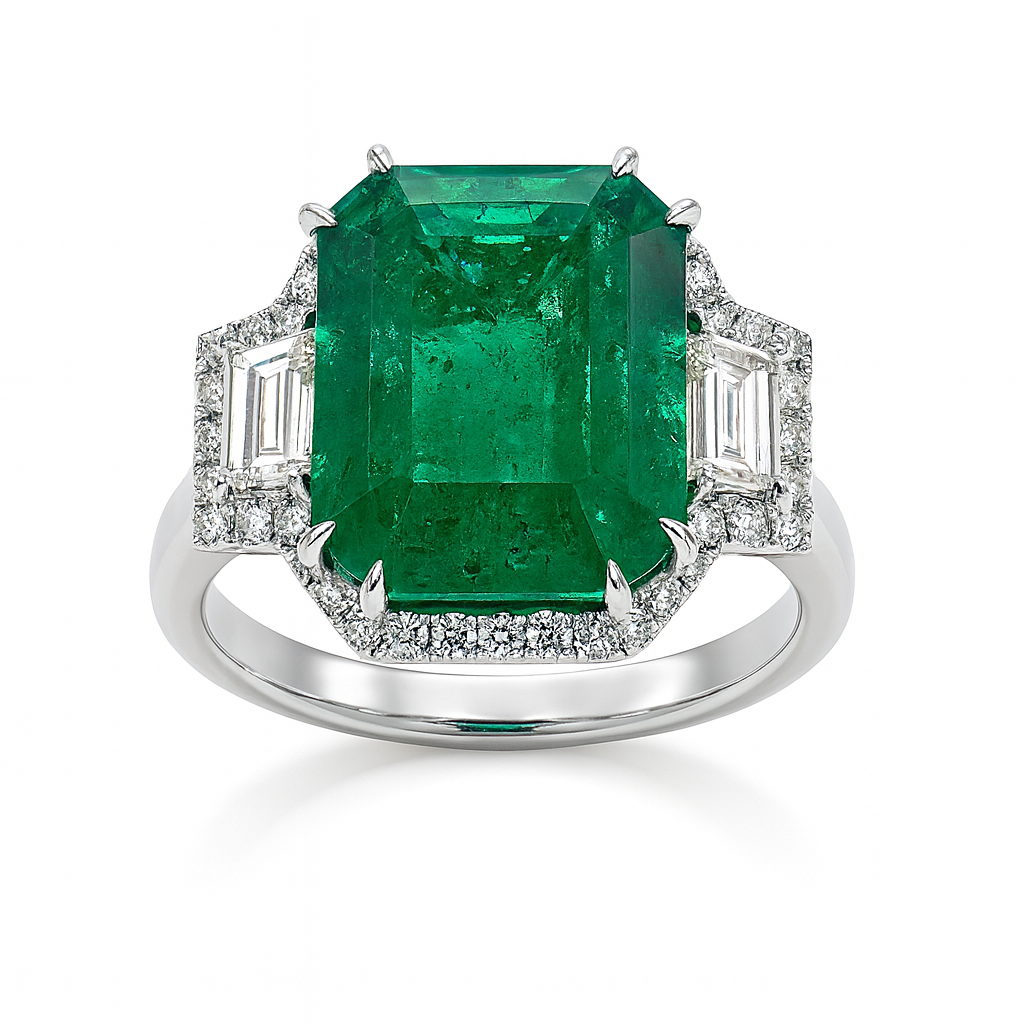 ER056802 - Ring 18KW/4.8G 1EMER-6.70CT 2TRAP-0.43CT 40RD-0.28CT