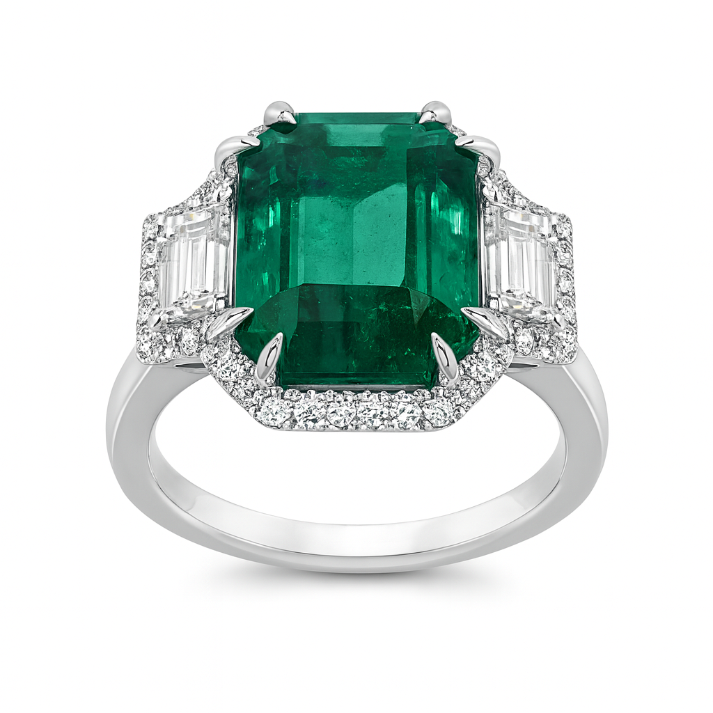 ER056804 - Ring 18KW/4.4G 1EMER-3.71CT 2TRAP-0.38CT 36RD-0.25CT