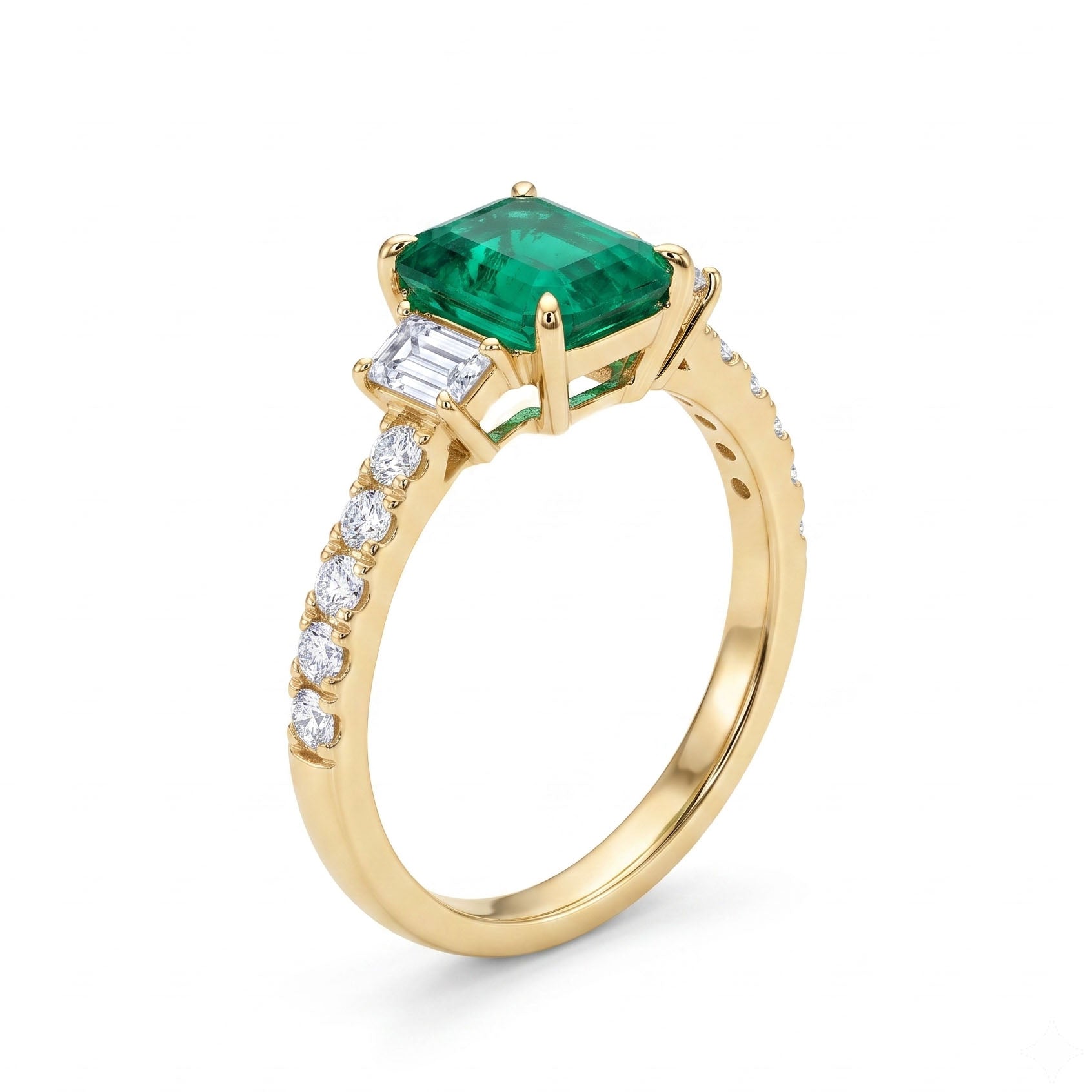 ER057029Y - Ring 18KY/2.9G 1EMER-1.62CT 2DIA-0.32CT 10RD-0.28CT