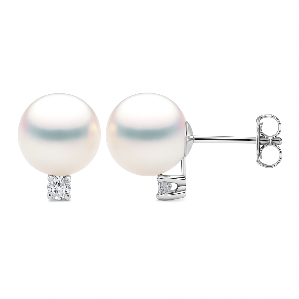 14K White Gold Akoya Pearl Earrings, 6-6.50mm, 0.06ct