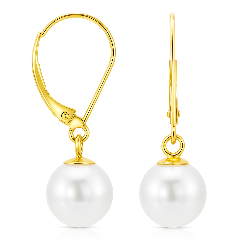 14K Yellow Gold Cultured Akoya Pearl Leverback Earrings, 6.5-7.0mm