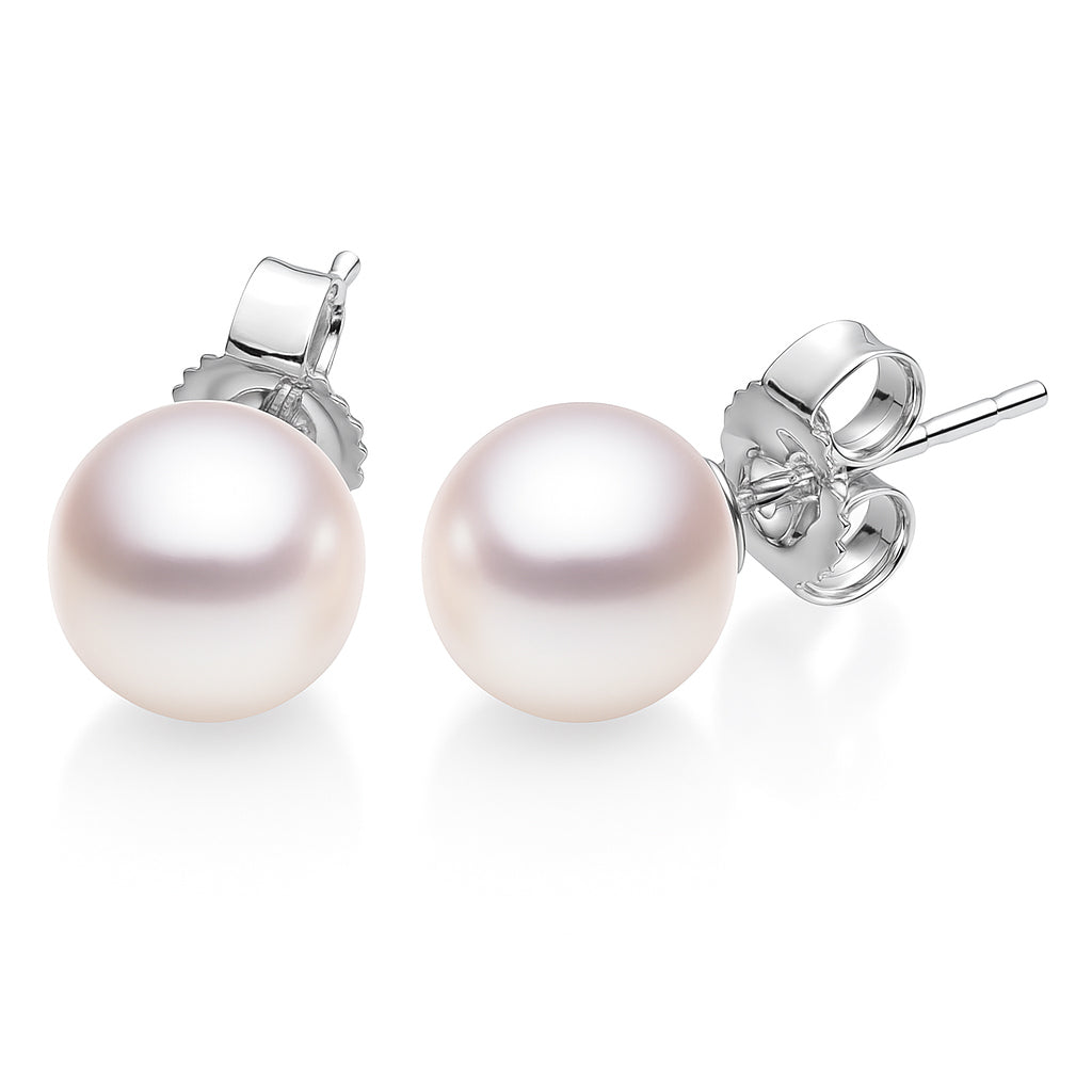 18K White Gold Cultured Akoya Pearl Stud Earrings, 8.5-9.0mm