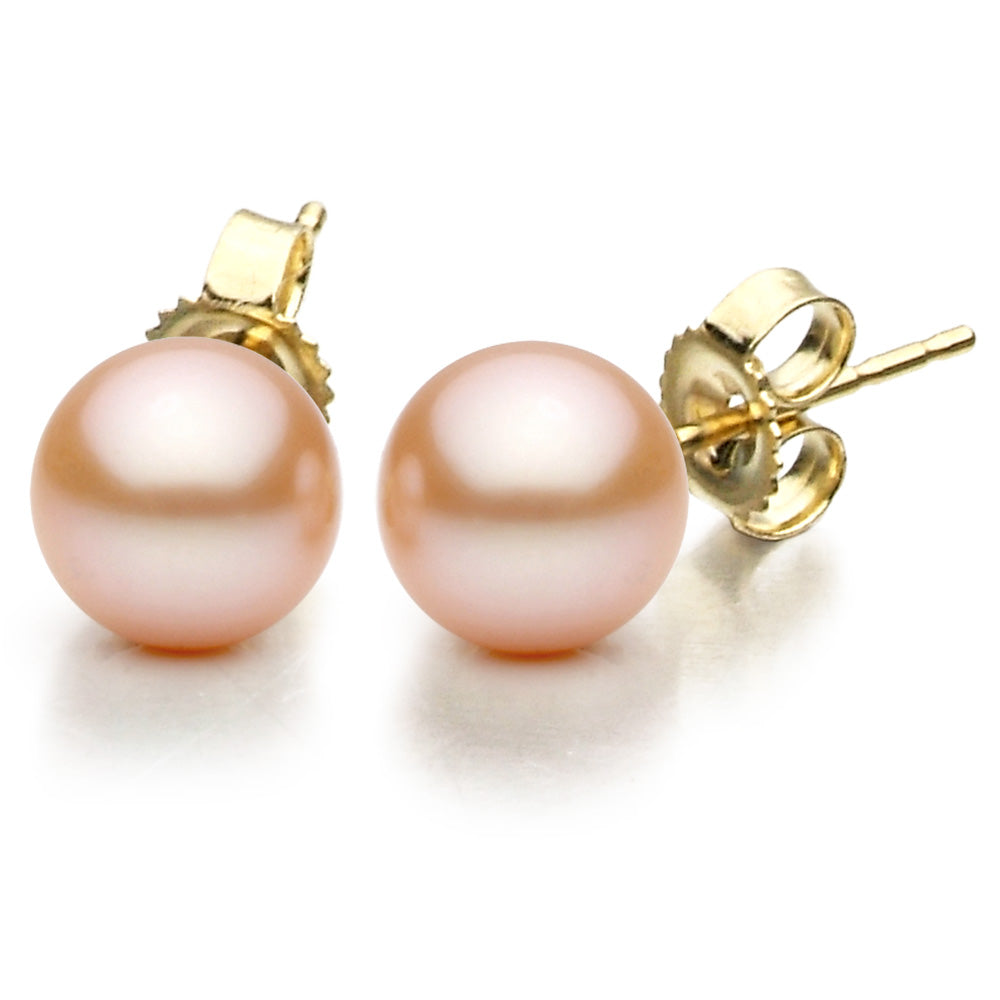 14K Yellow Gold Pink Freshwater Pearl Stud Earrings, 9-10mm
