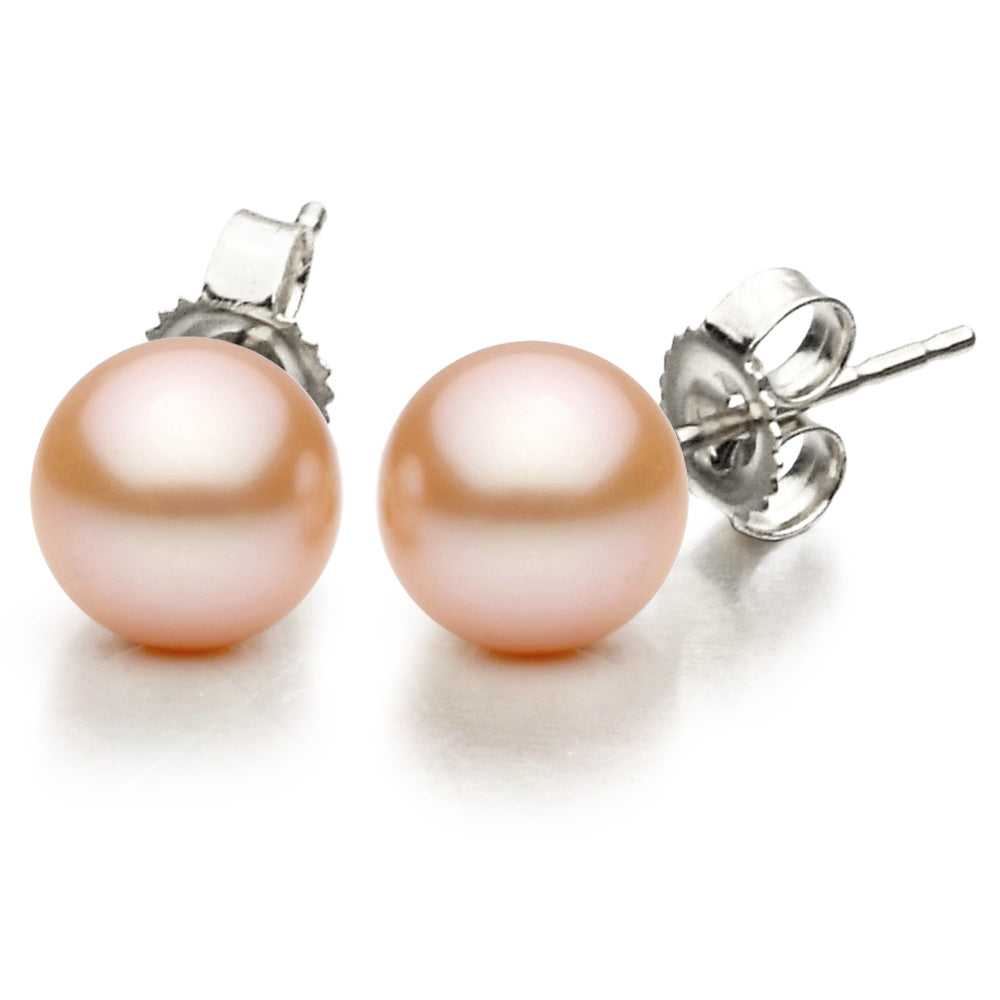 14K White Gold Pink Freshwater Pearl Stud Earrings, 9-10mm