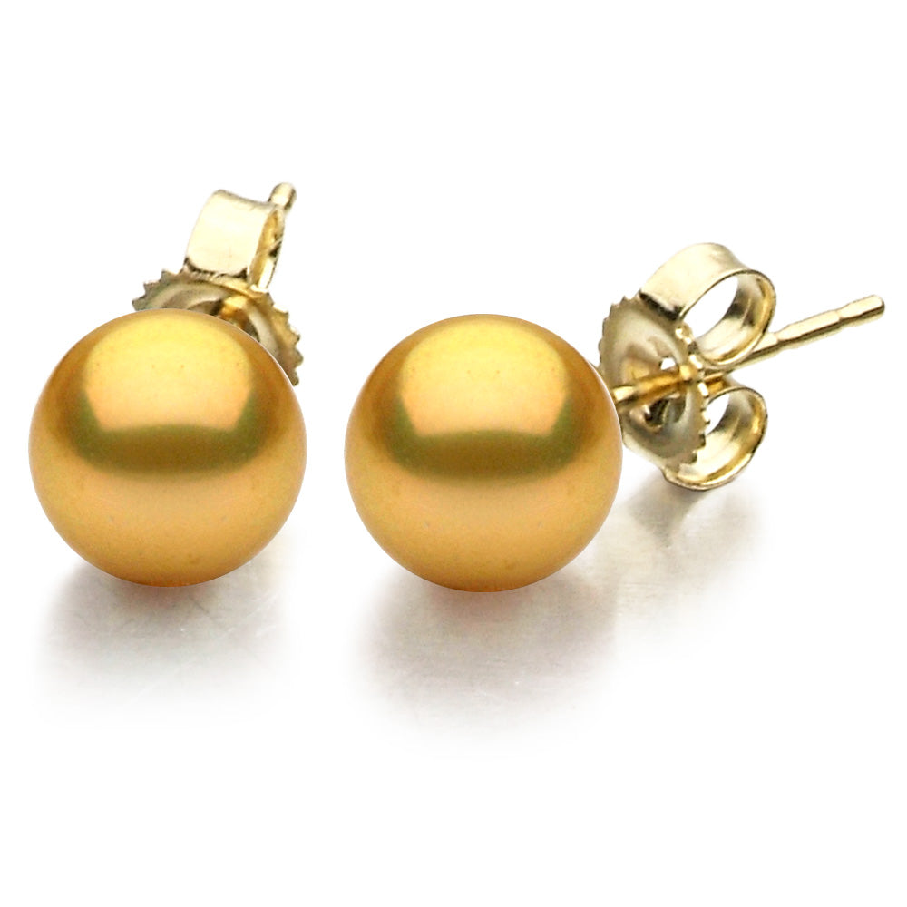 14K Yellow Gold Golden South Sea Pearl Stud Earrings, 11-11.5mm