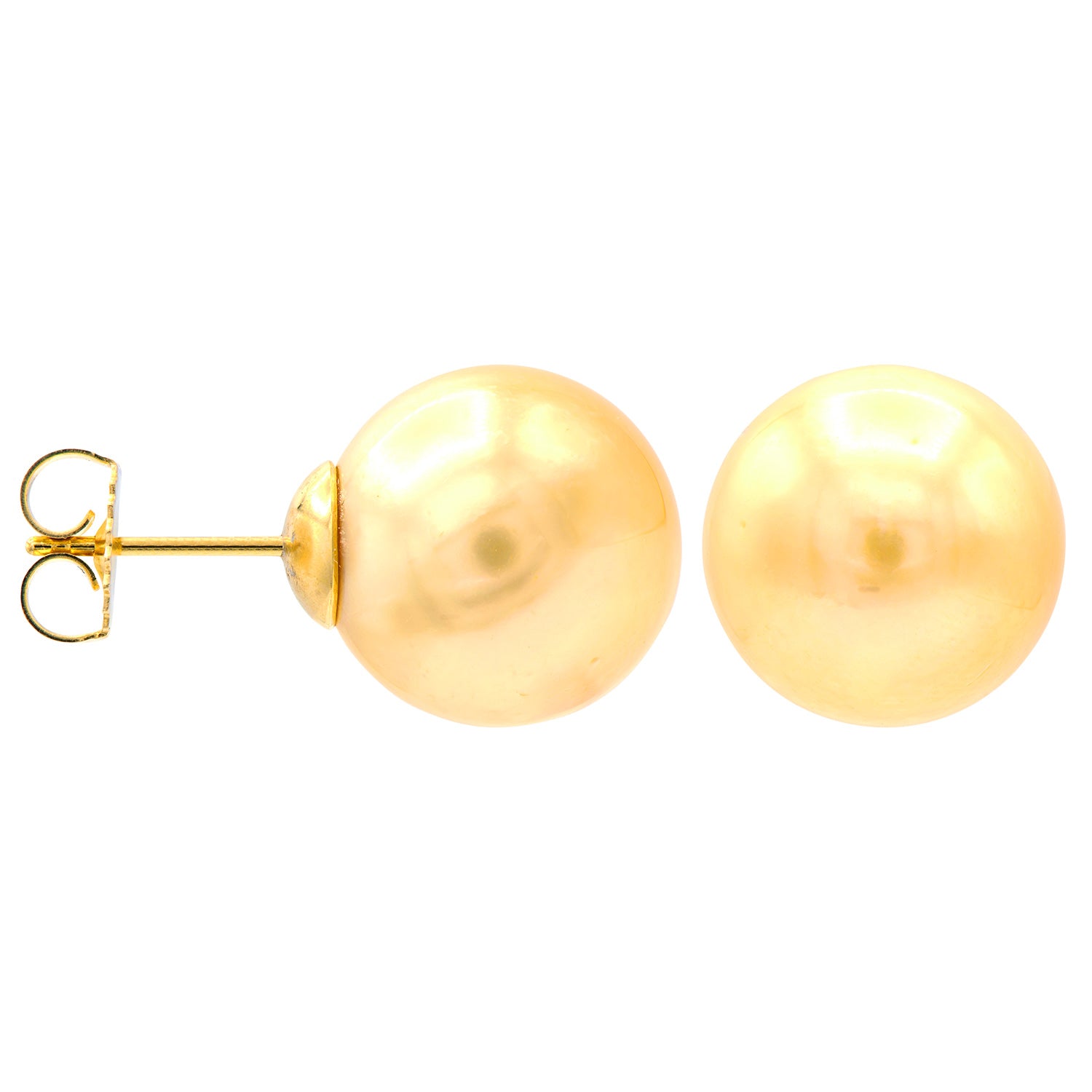 14K Yellow Gold Golden South Sea Pearl Stud Earrings, 13-14mm