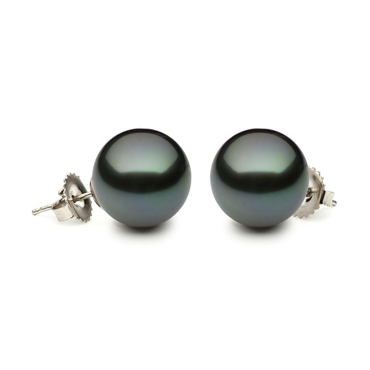14K White Gold Tahitian Pearl Stud Earrings, 10.5-11mm