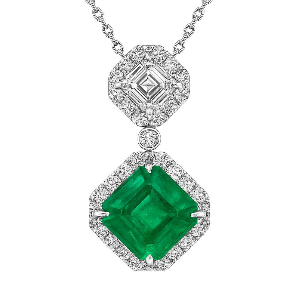 Handmade 18K White Gold Green Emerald Pendant, 3.94ct