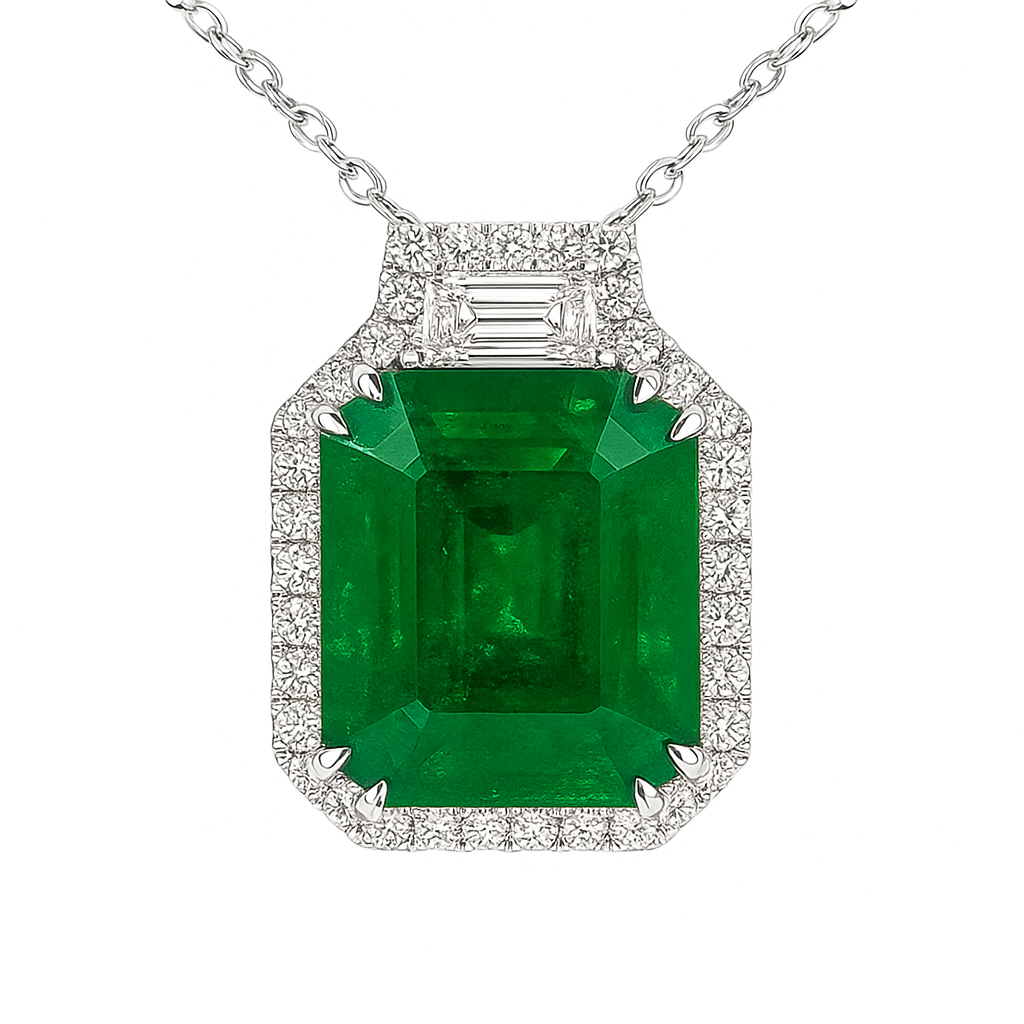Handmade 18K White Gold Green Emerald Pendant, 7.09ct
