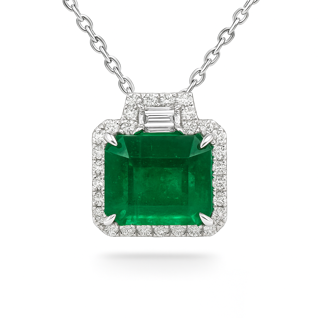 Handmade 18K White Gold Green Emerald Pendant, 5.1ct