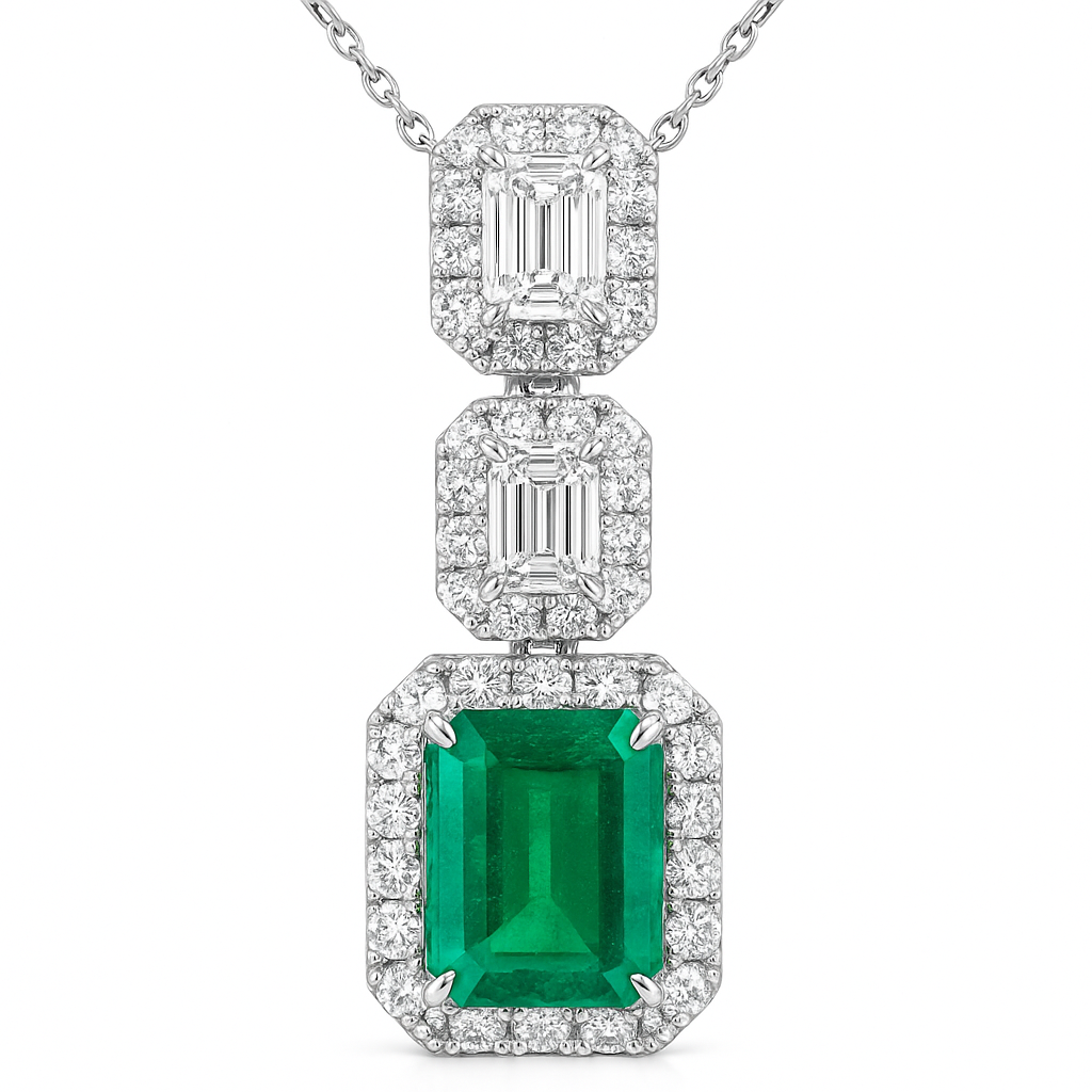 Handmade 18K White Gold Green Emerald Pendant, 2.76ct