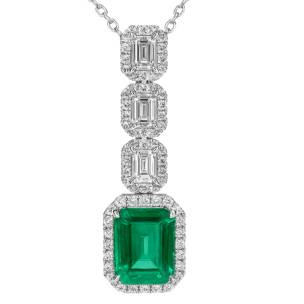 Handmade 18K White Gold Green Emerald Pendant, 4.49ct