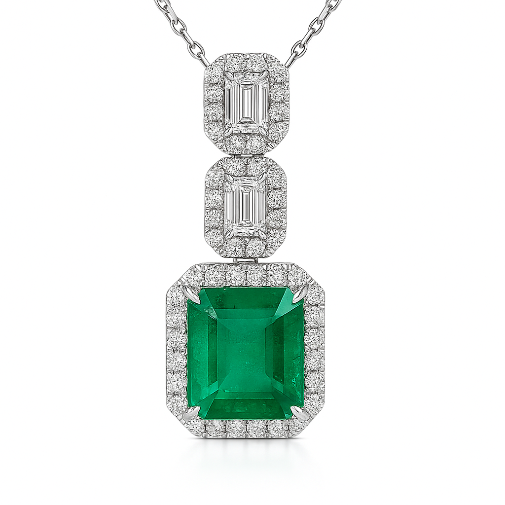 Handmade 18K White Gold Green Emerald Pendant, 2.87ct